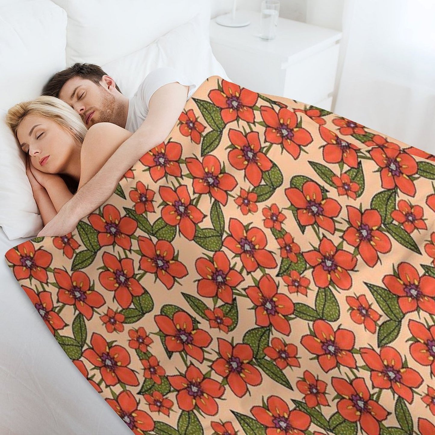 Scarlet Pimpernel Floral Design, Red And Purple Flowers with Green Leaves on A Peach Fuzz Background Easy Care Throw Blanket