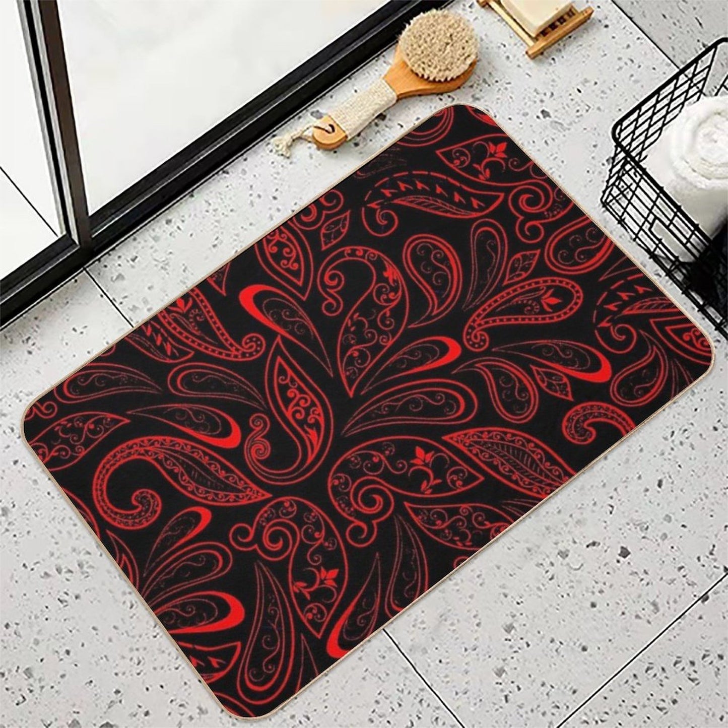 Color Red And Black RED BLACK PATTERN Absorbent Bath Mat