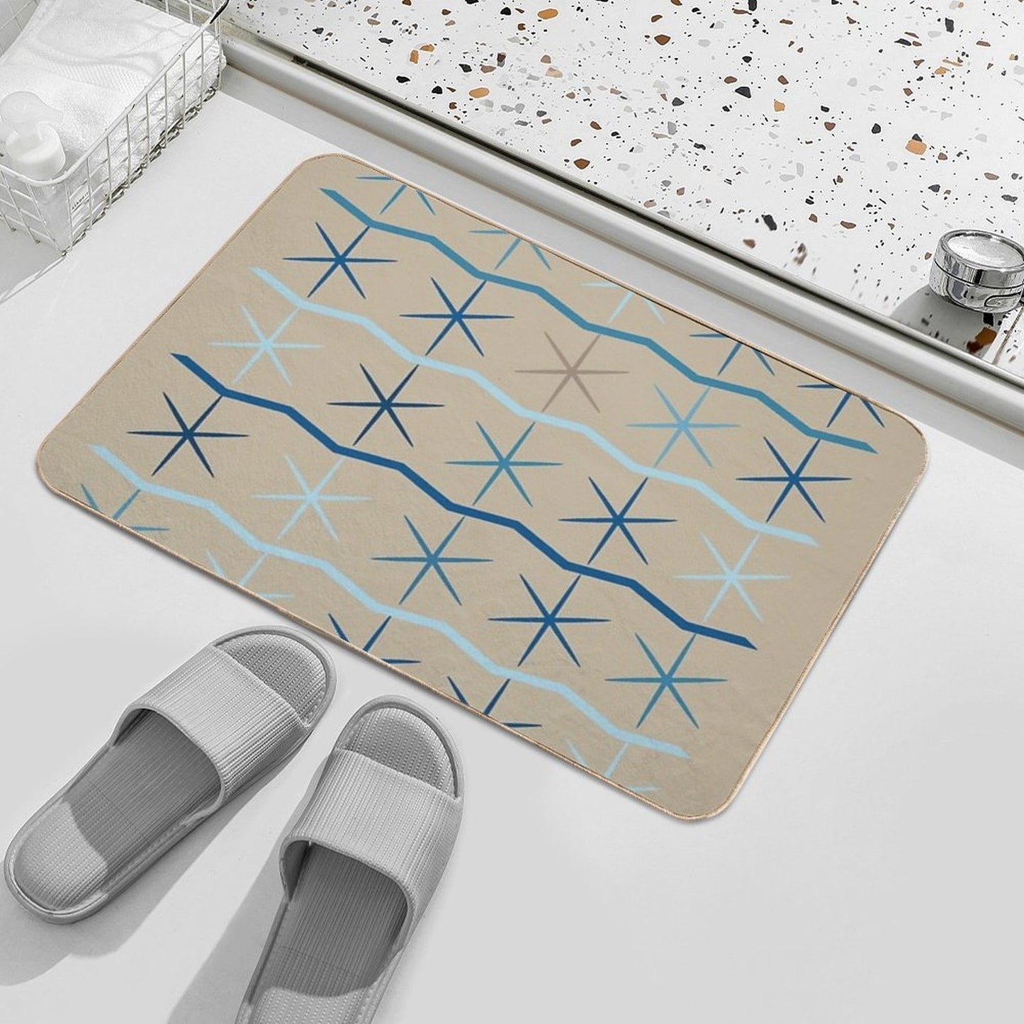 Serenity Waves Minimalist Geometric Blues Repositionable Bath Mat