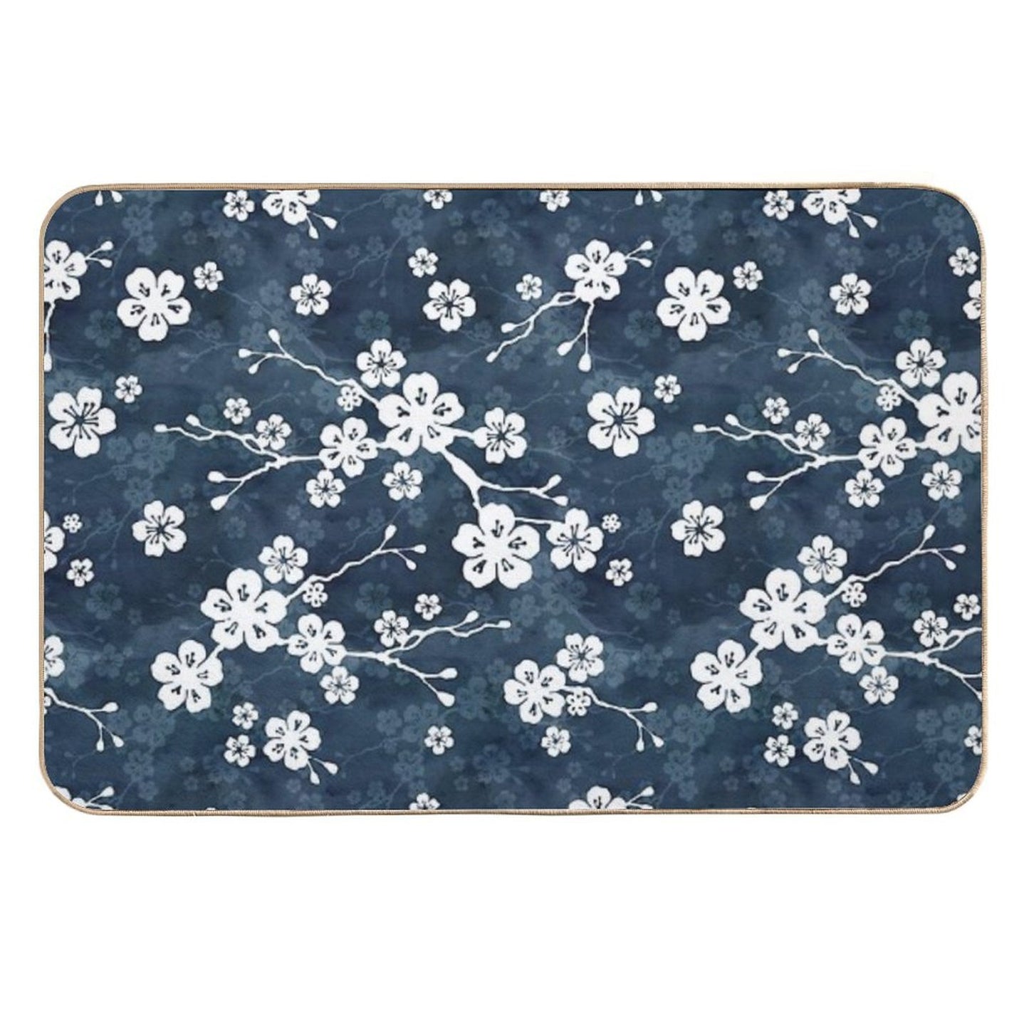 Navy And White Cherry Blossom Pattern Non-Slip Bath Mat