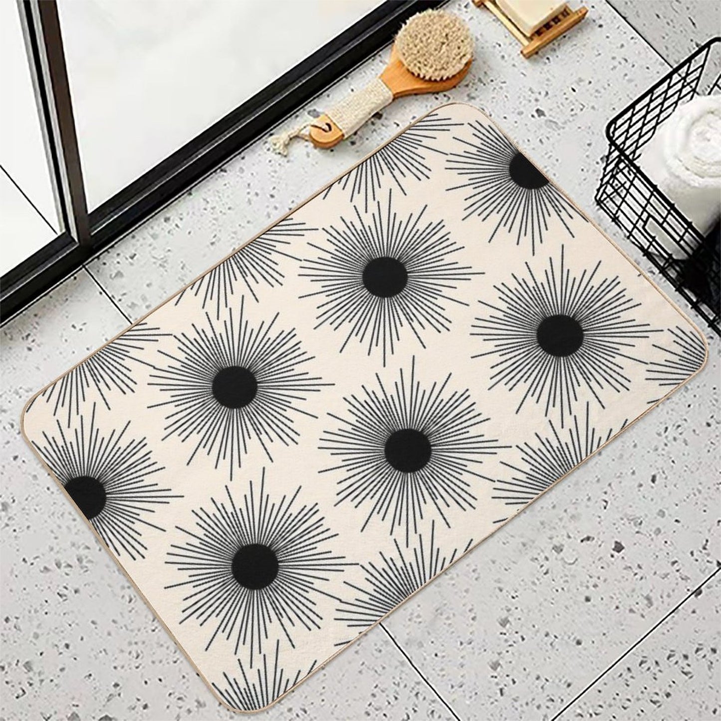 Sunburst Mid-Century Modern Sun Pattern in Black And Almond Cream Easy Maintenance Bath Mat