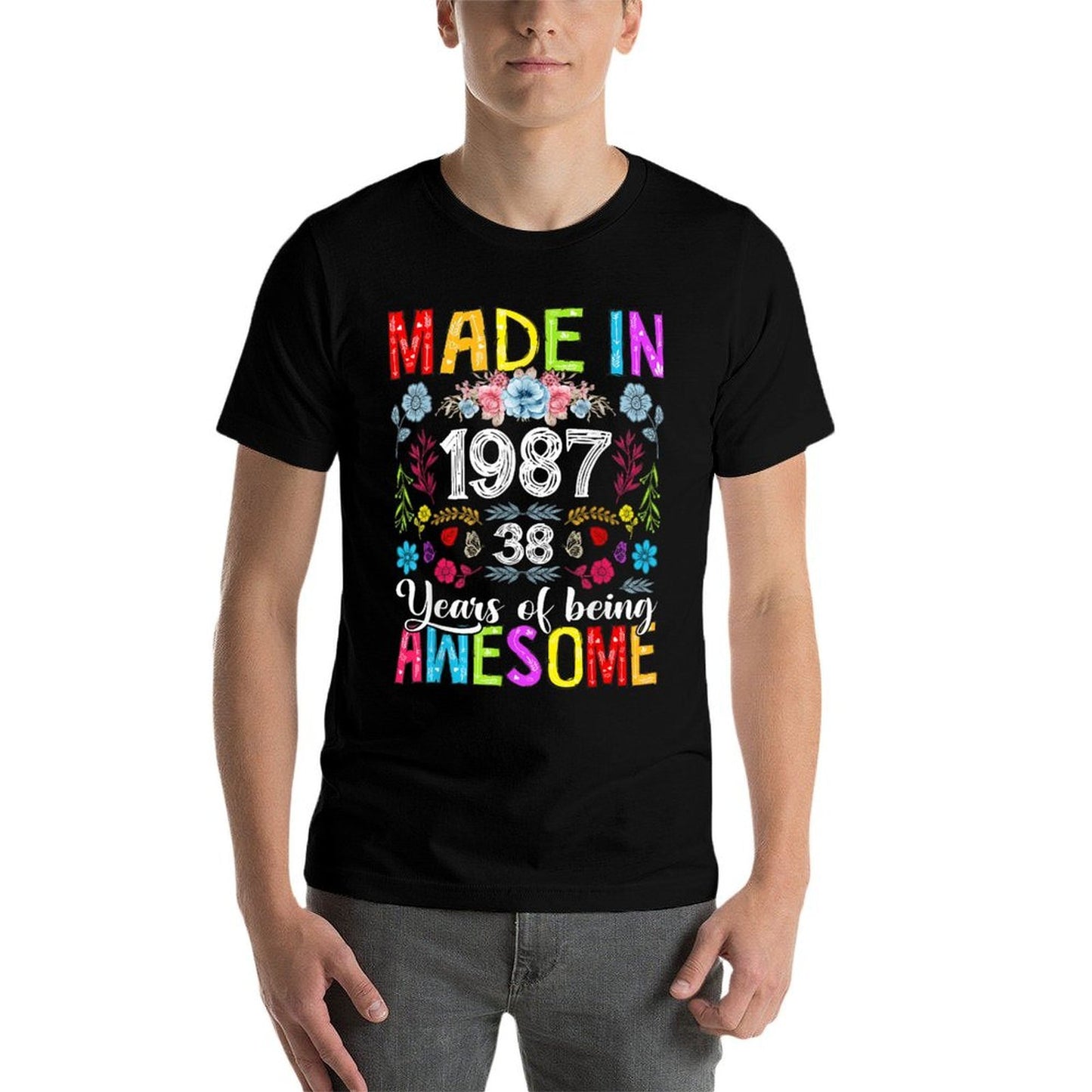 38 Years Old Made In 1987 Funny Floral 38th Birthday Women Wrinkle-resistant T-Shirt
