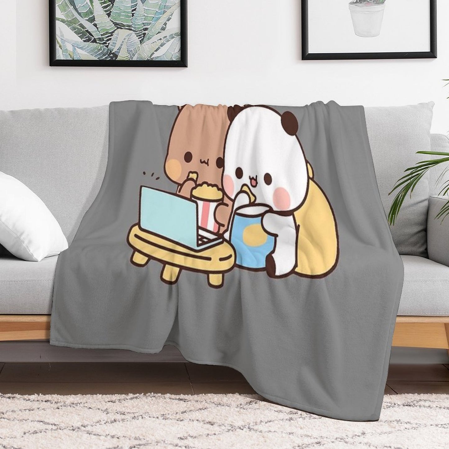 DuDu Bear And BuBu Panda Watching Movie Together❤️ Machine-washable Throw Blanket