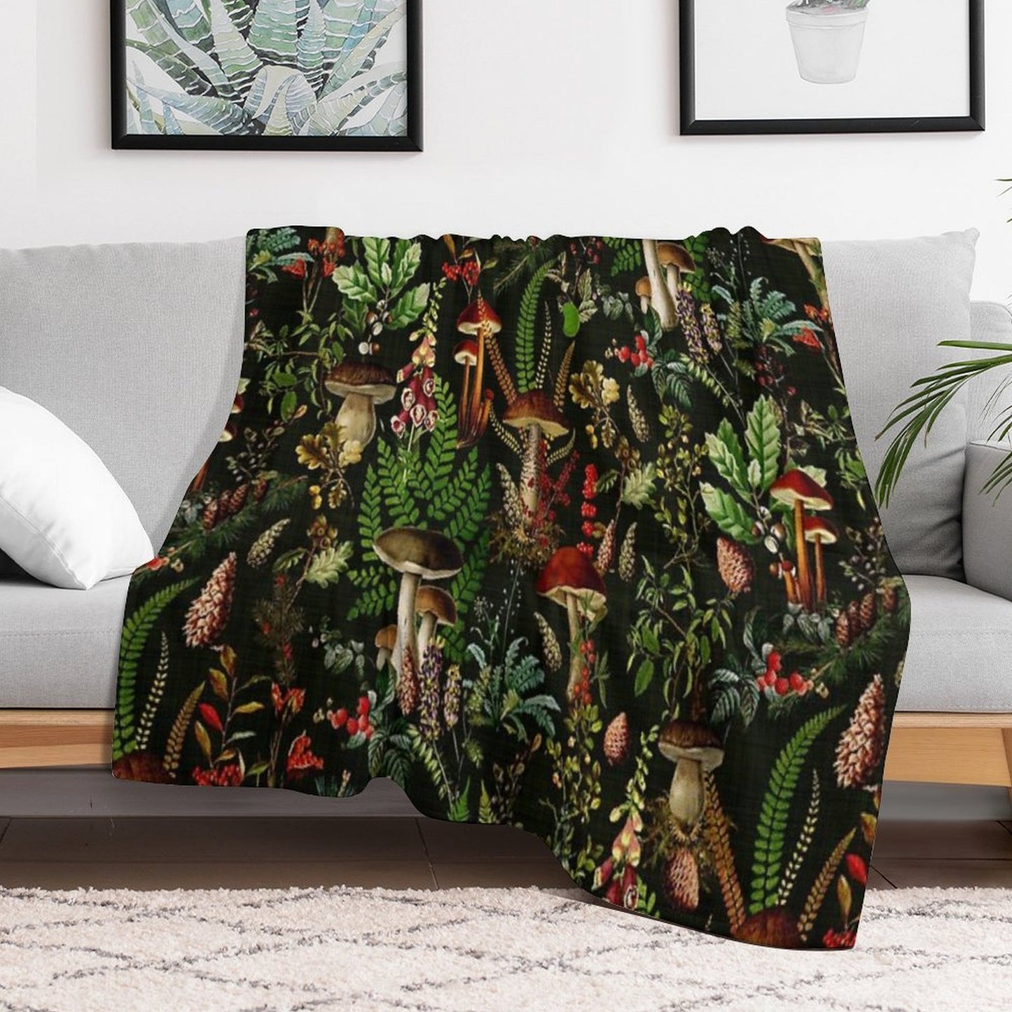Vintage Mushrooms Forest Botanical Pattern - Black Botanical Night Garden Nightgarden Sustainable Throw Blanket