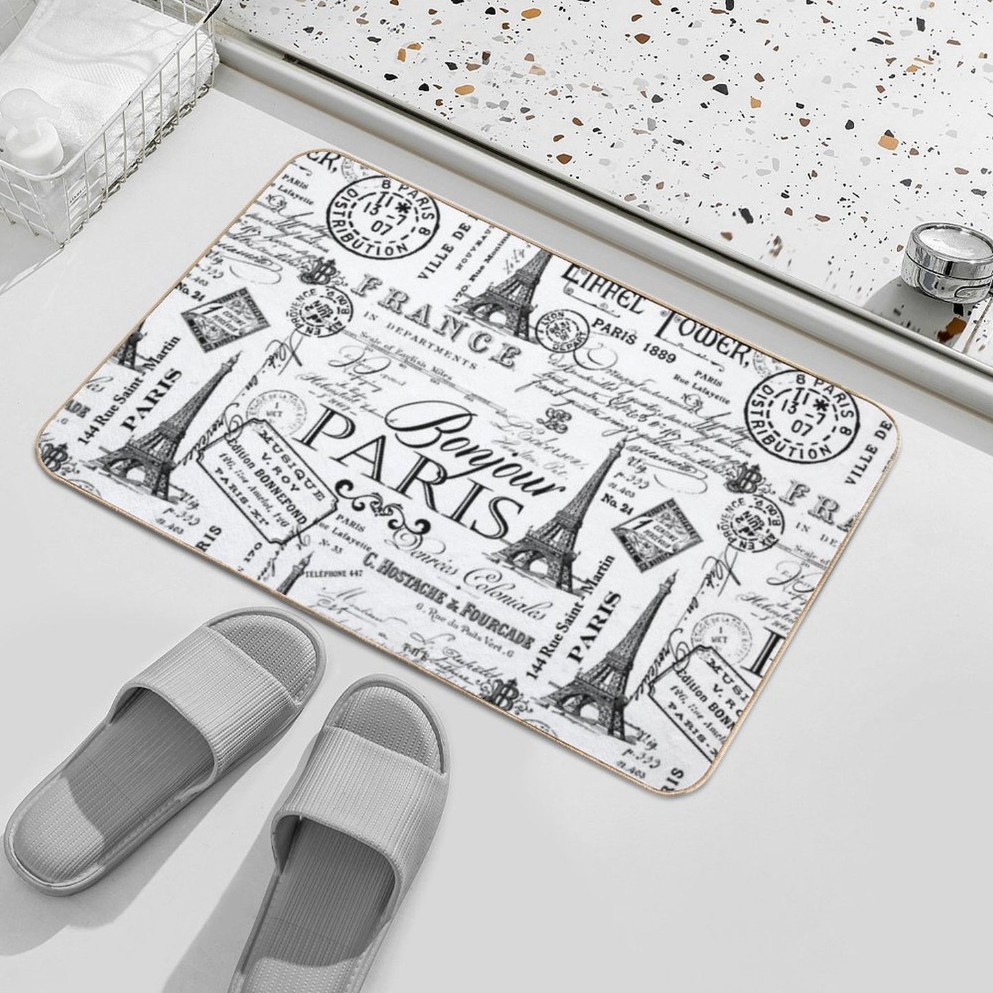 Vintage Paris Black And White Nostalgic Pattern Eco-Friendly Bath Mat