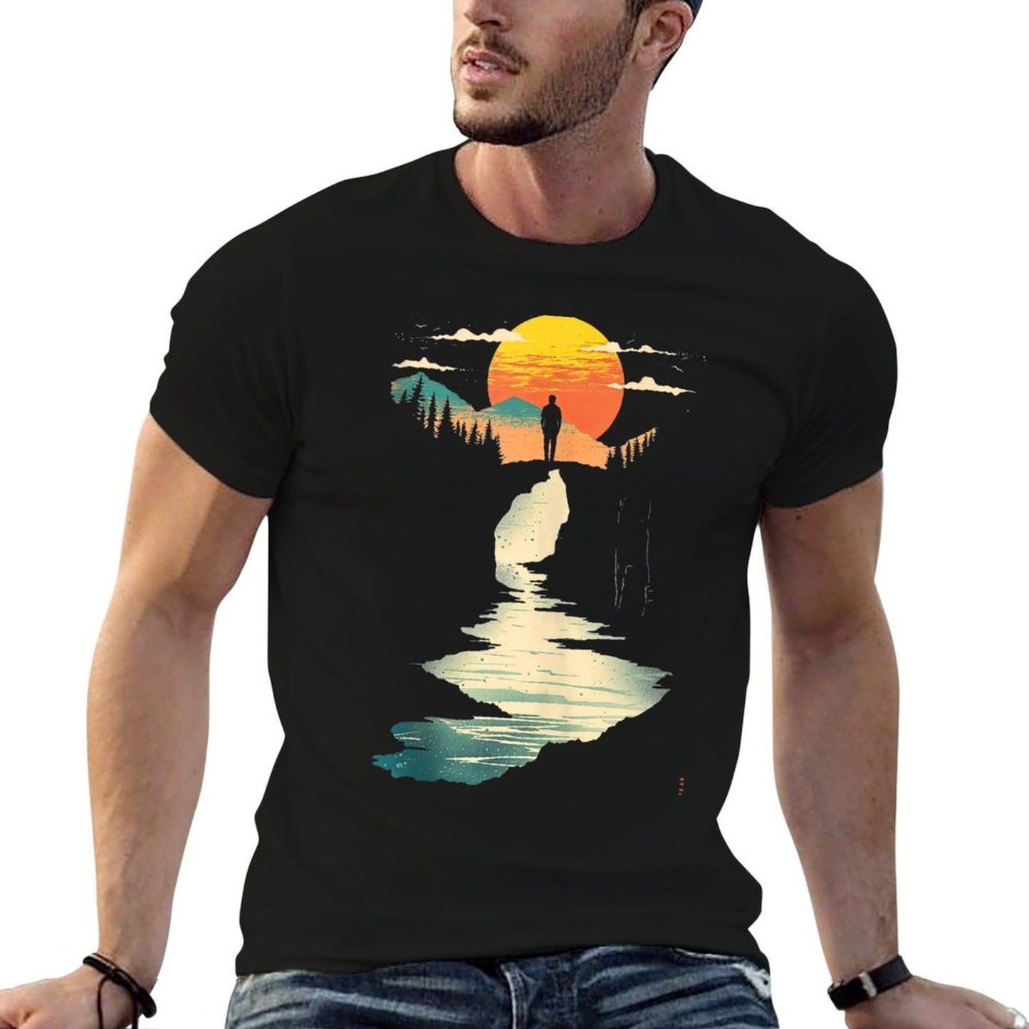 Twilight Cyan And Amber Seaside Vista High-quality Stitching T-Shirt