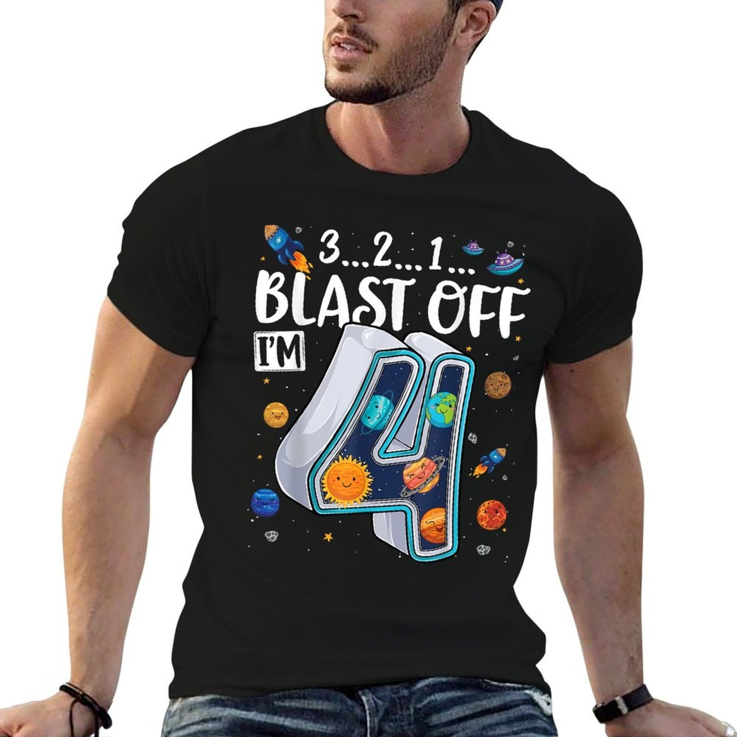 Solar System Planets Four 4 Years Old 4th Birthday Boy Girl  Trendy Pattern T-Shirt