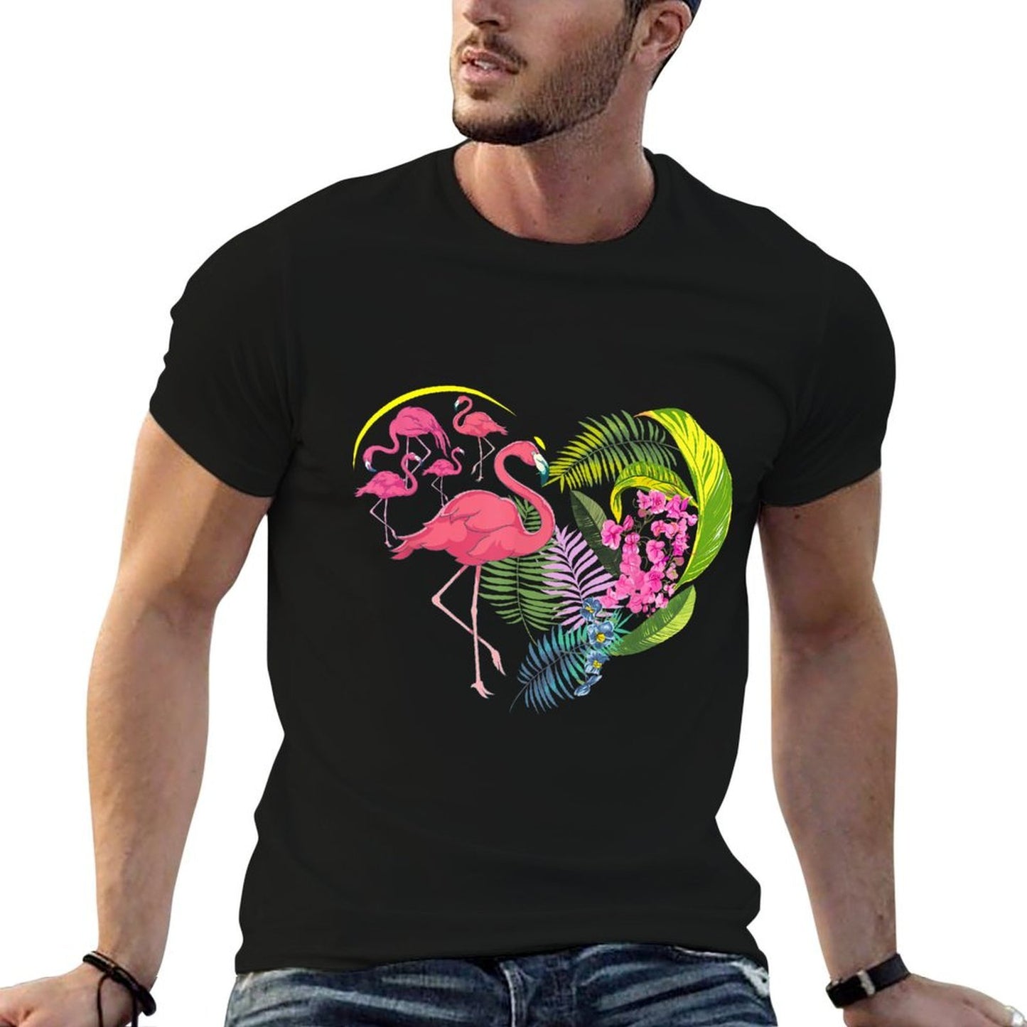 Flower Nature Hibiscus Monstera Leaves Heart Floral Flamingo Heathered Texture T-Shirt