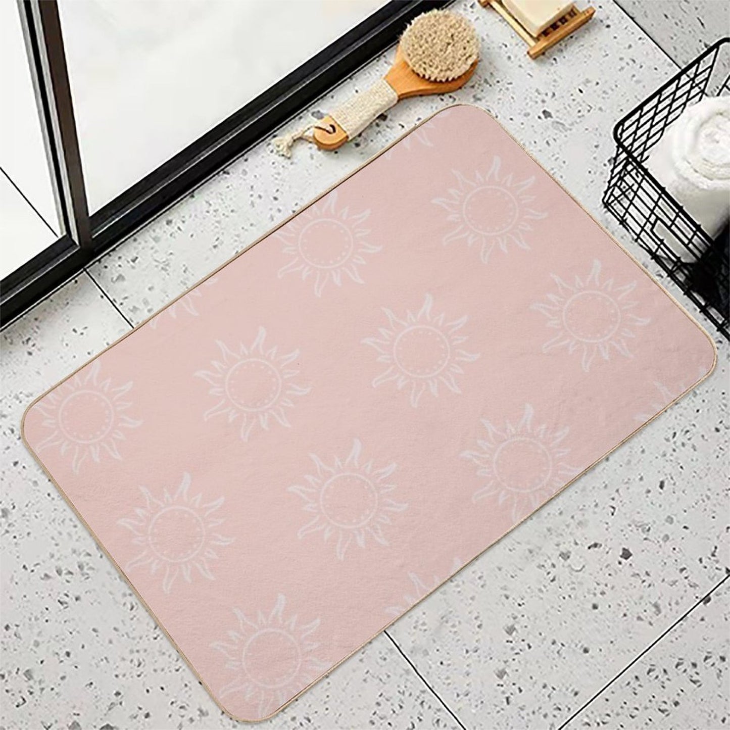 Cute Boho Sun Pattern Bohemian Aesthetic In Muted Colors Coral Pink Anti-Trip Bath Mat