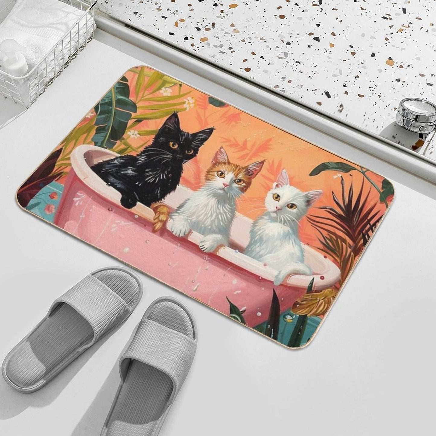 3 Cats In The Bathroom Illustration Long-Lasting Bath Mat