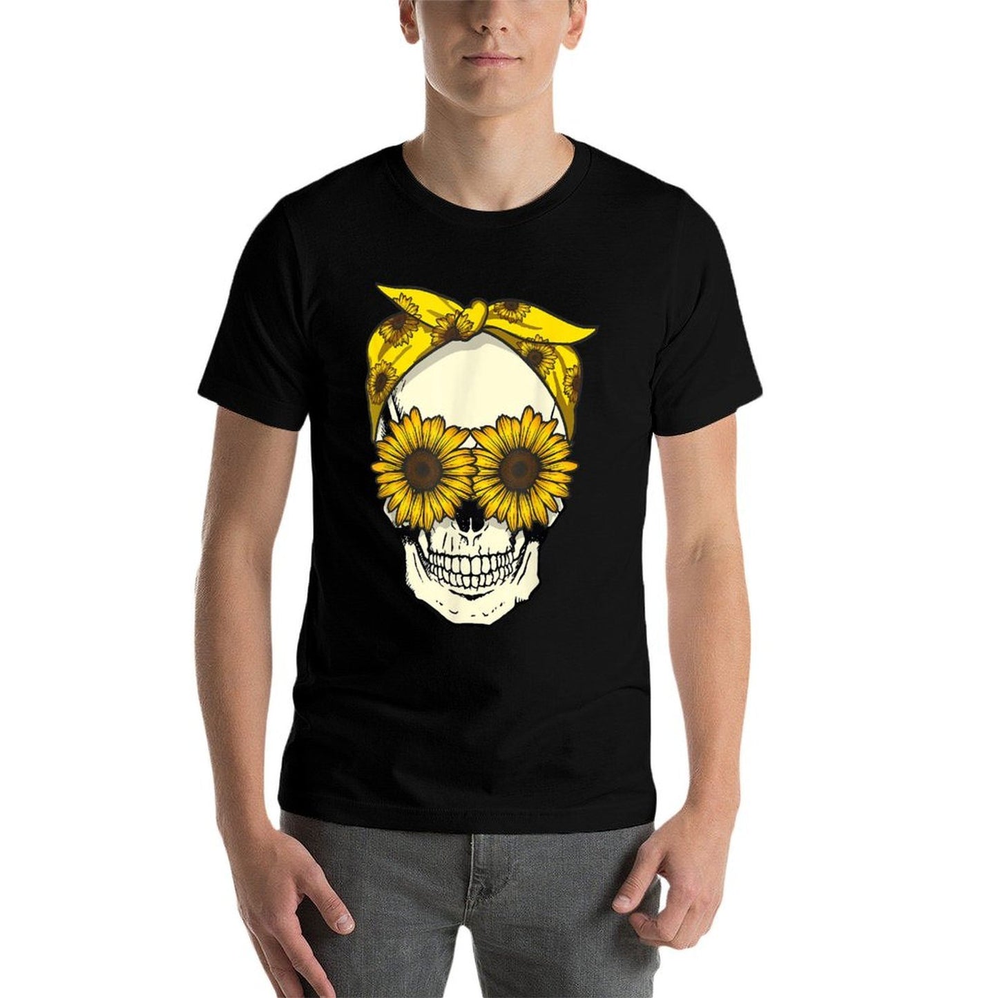 Skull Sunflower Bandana Floral Sun Flowers Pattern Cute Goth Slim-fit Cut T-Shirt