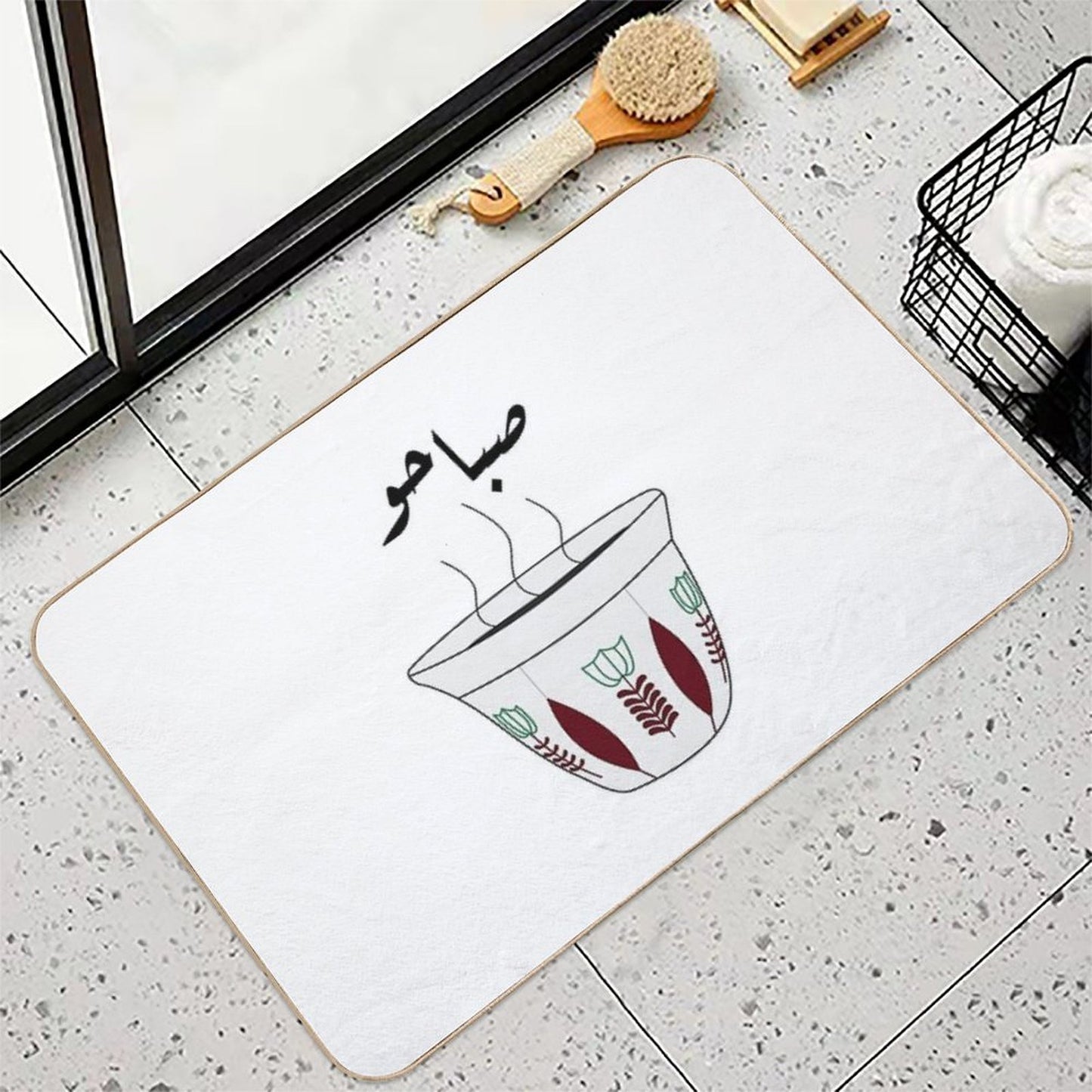 Arabic Morning Coffee Cup with Flowers Non-Slip Bath Mat