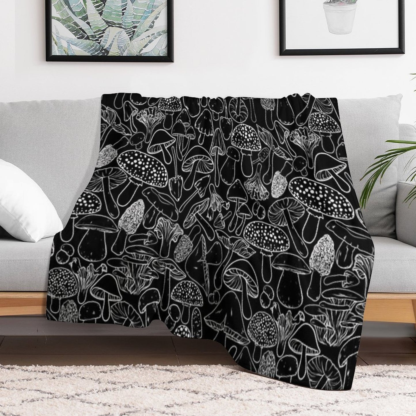 All The Mushrooms on Black Compact Throw Blanket