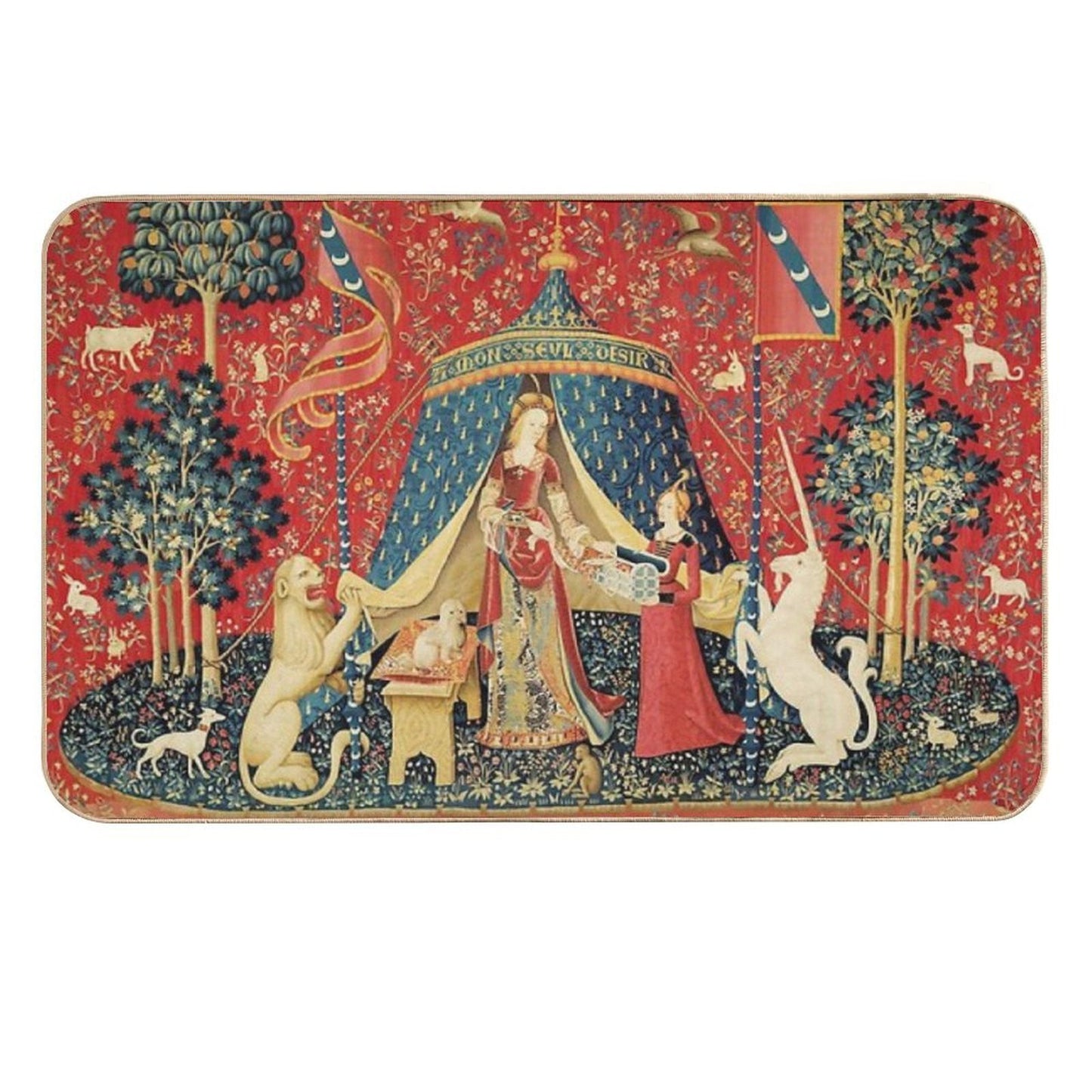 LADY AND THE UNICORN DESIRE ,Lion,Fantasy Flowers,Animals,Red Green Floral Tapestry Eco-Friendly Bath Mat