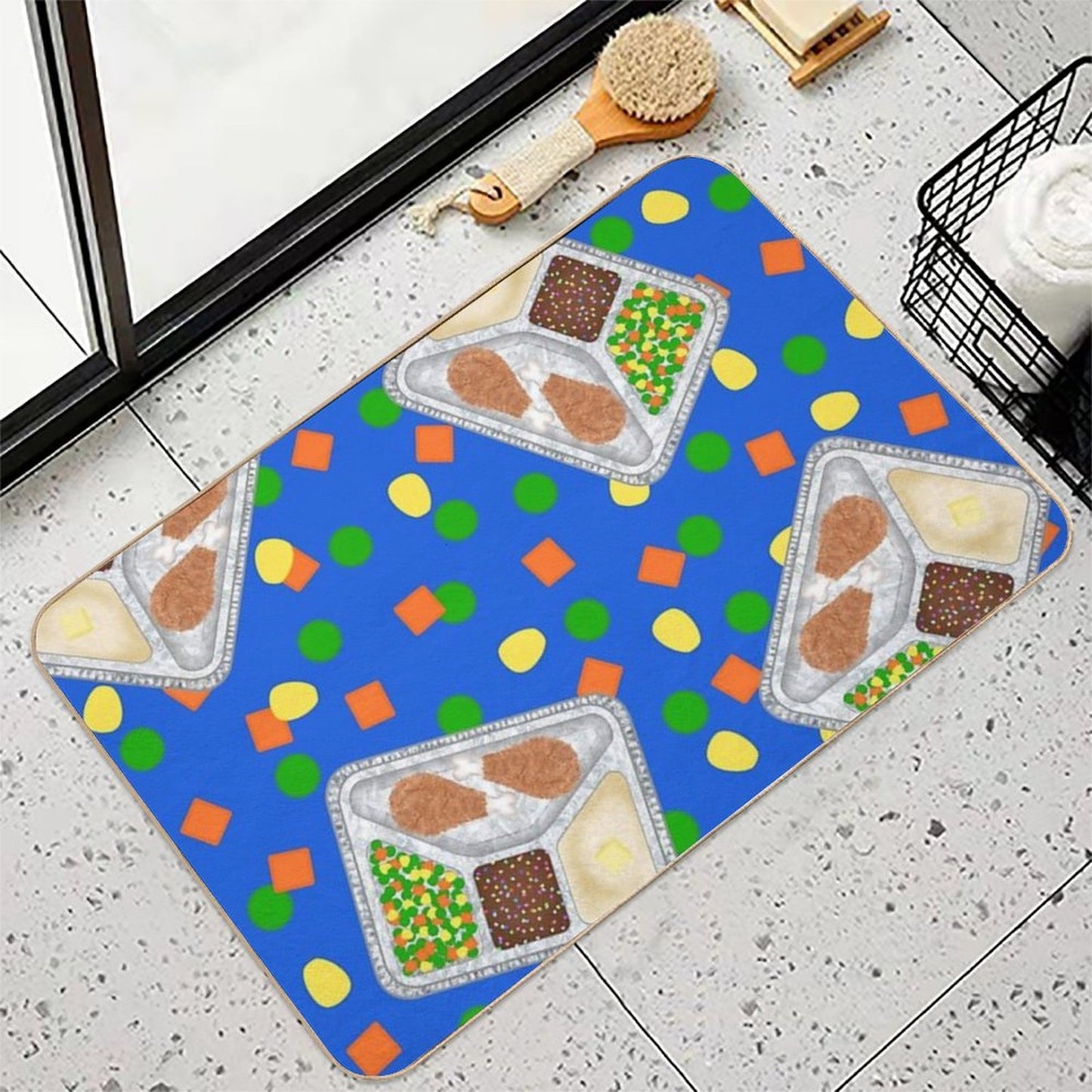 Retro 80’s TV Dinner Tray Food Fried Chicken Peas Corn Carrots On Blue Anti-Trip Bath Mat