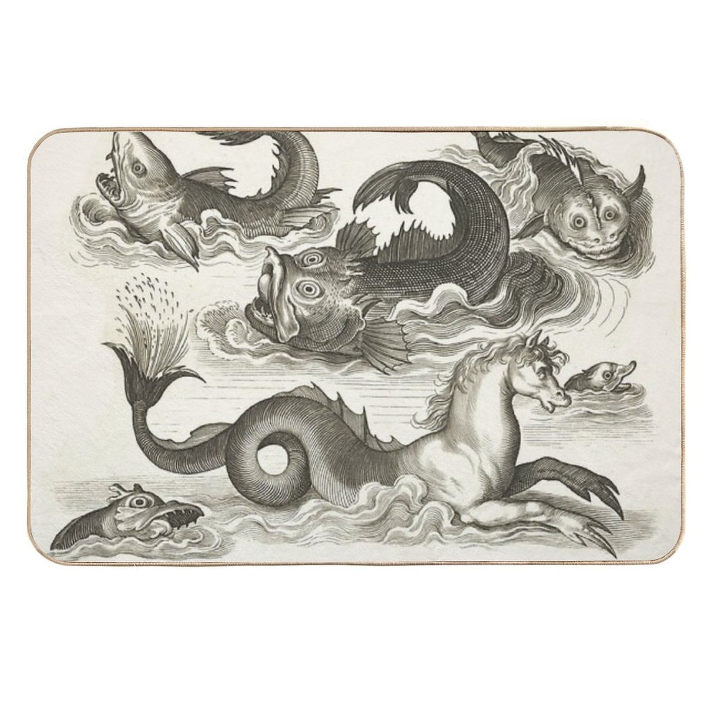MEDIEVAL BESTIARY,Black White Fantastic Aquatic Animals And Sea Horse of Neptune Easy Maintenance Bath Mat