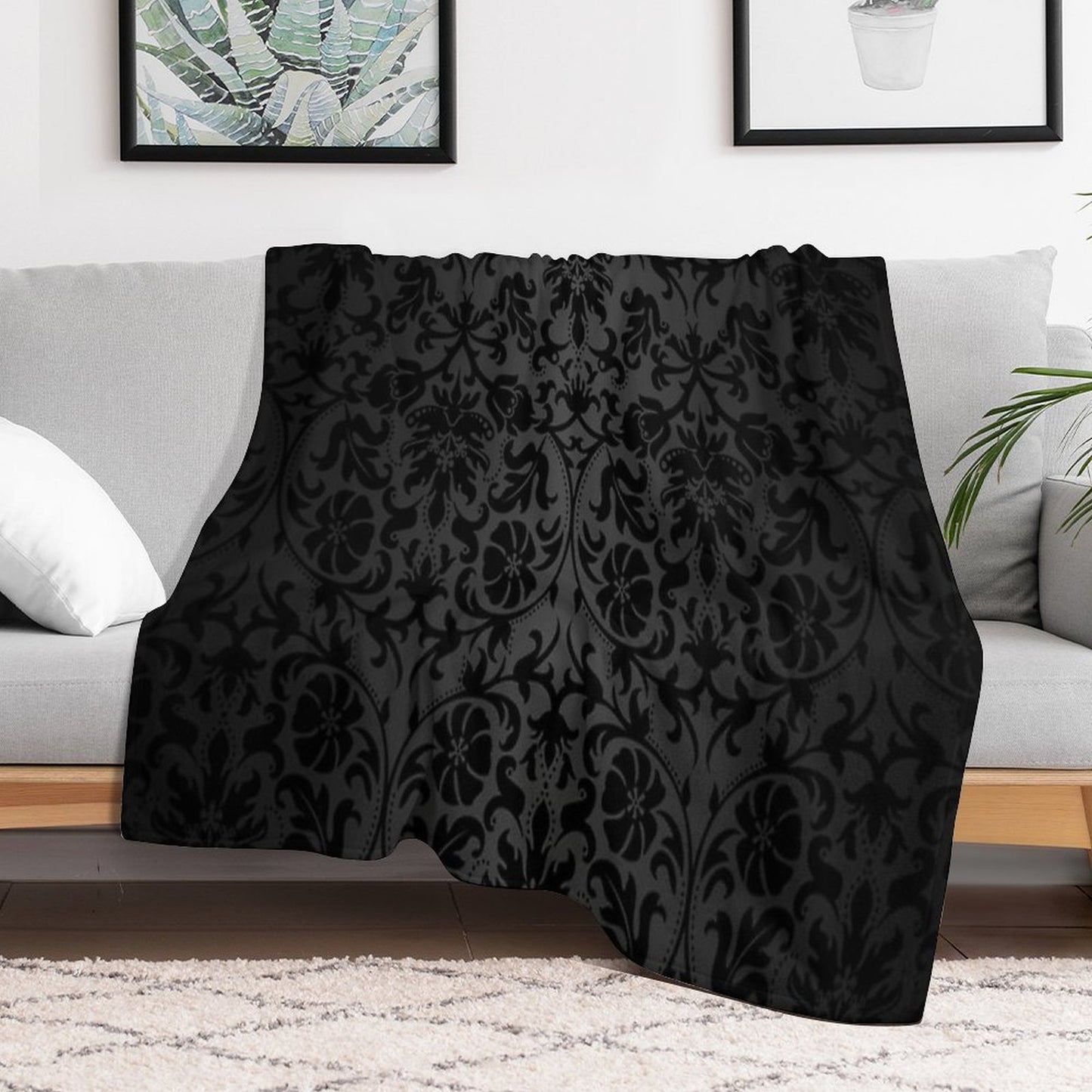Black Floral Damask Comfort Throw Blanket