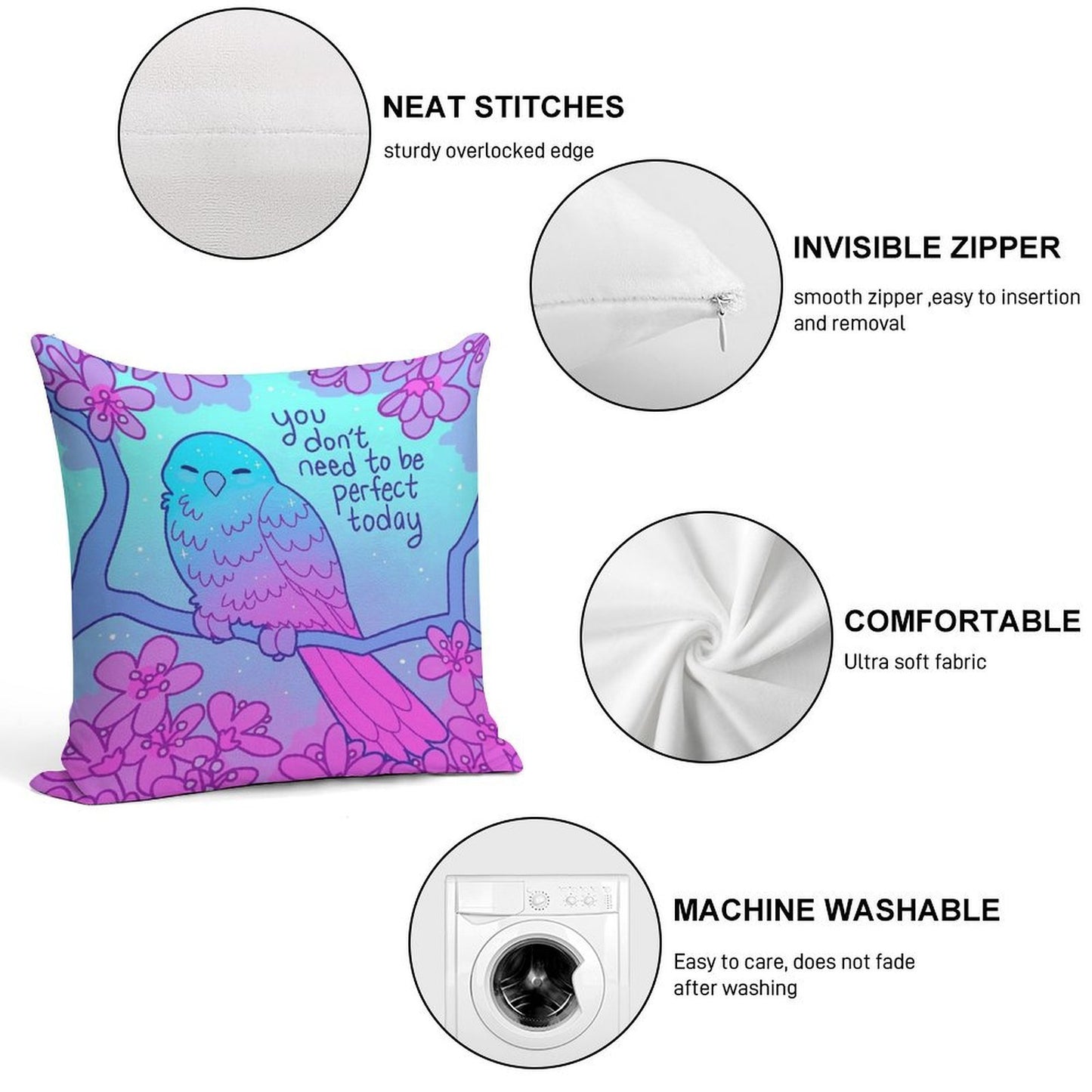 You Don't Need to Be Perfect Today Kind Blossom Bird Soft Reinforced Edging Throw Pillow
