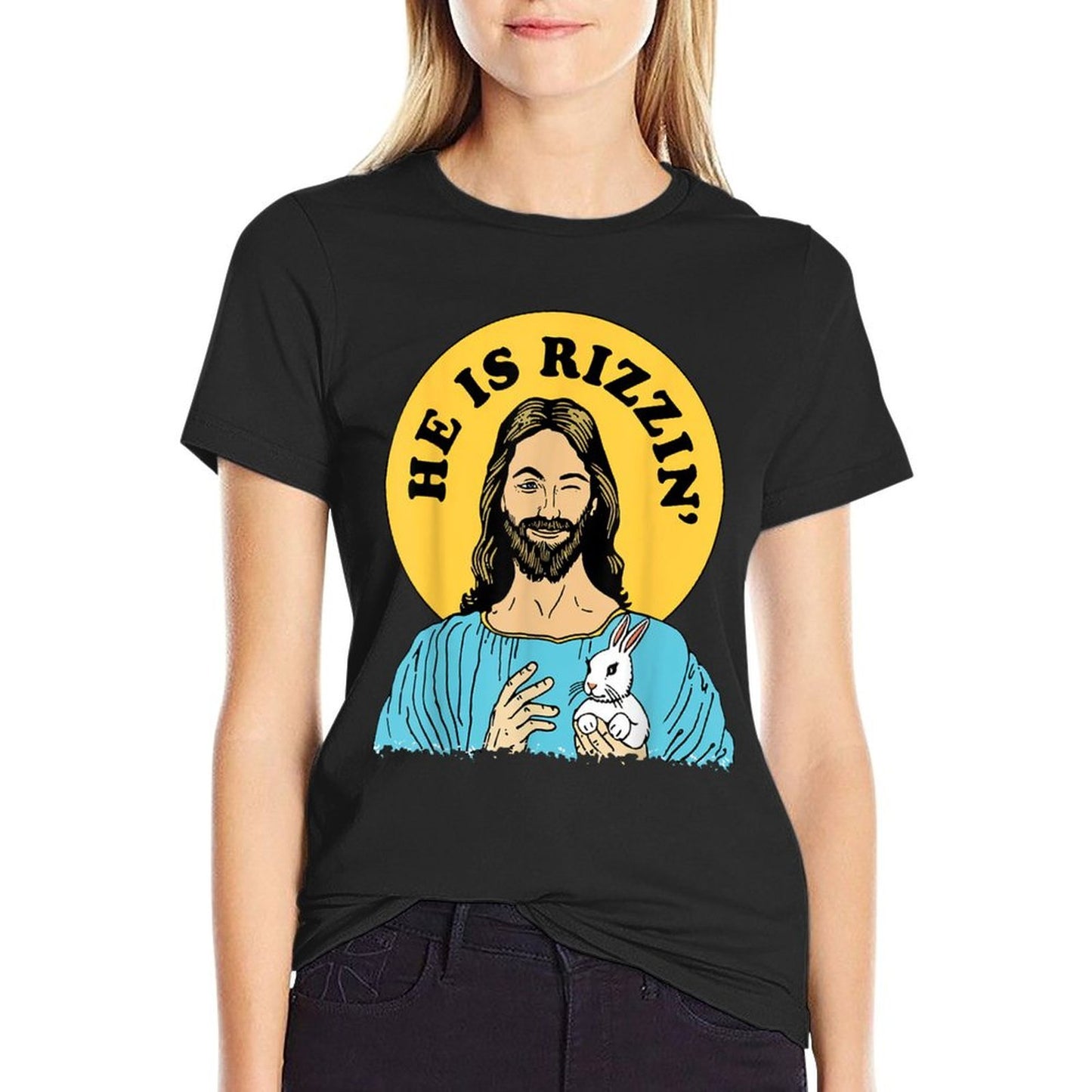 He Is Rizzin Funny Jesus Christian Happy Easter Day Rolled Sleeves T-Shirt