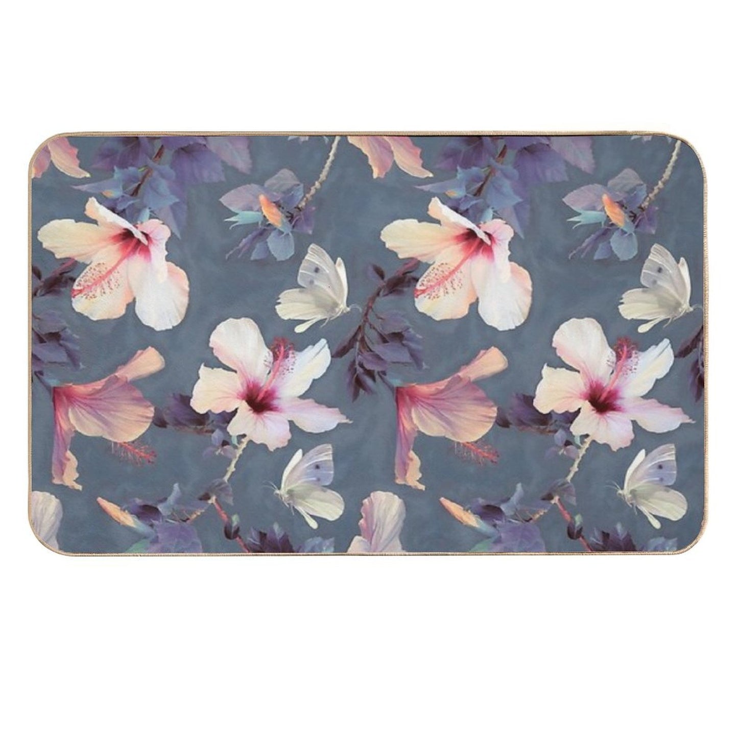 Butterflies And Hibiscus Flowers - A Painted Pattern Toxin-Free Bath Mat