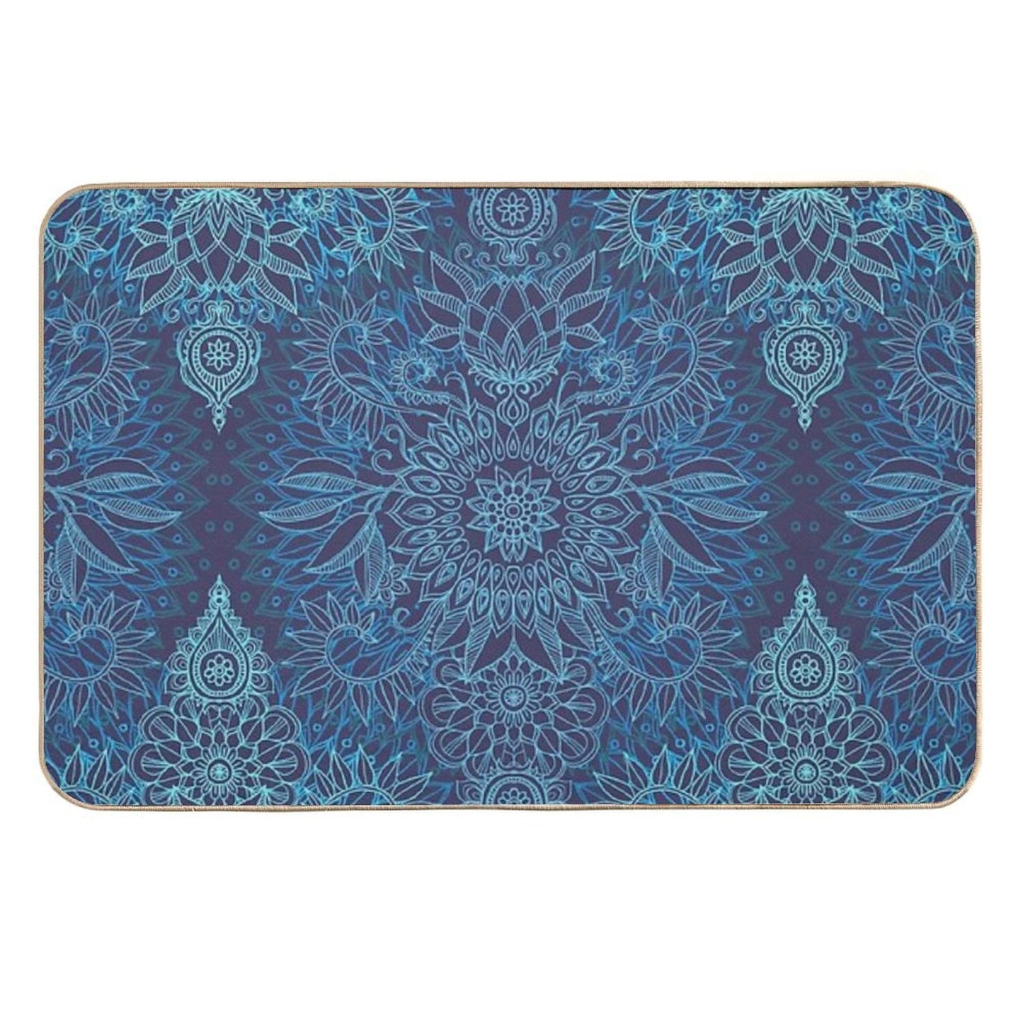 Aqua, Cobalt Blue & Purple Protea Doodle Pattern Repositionable Bath Mat