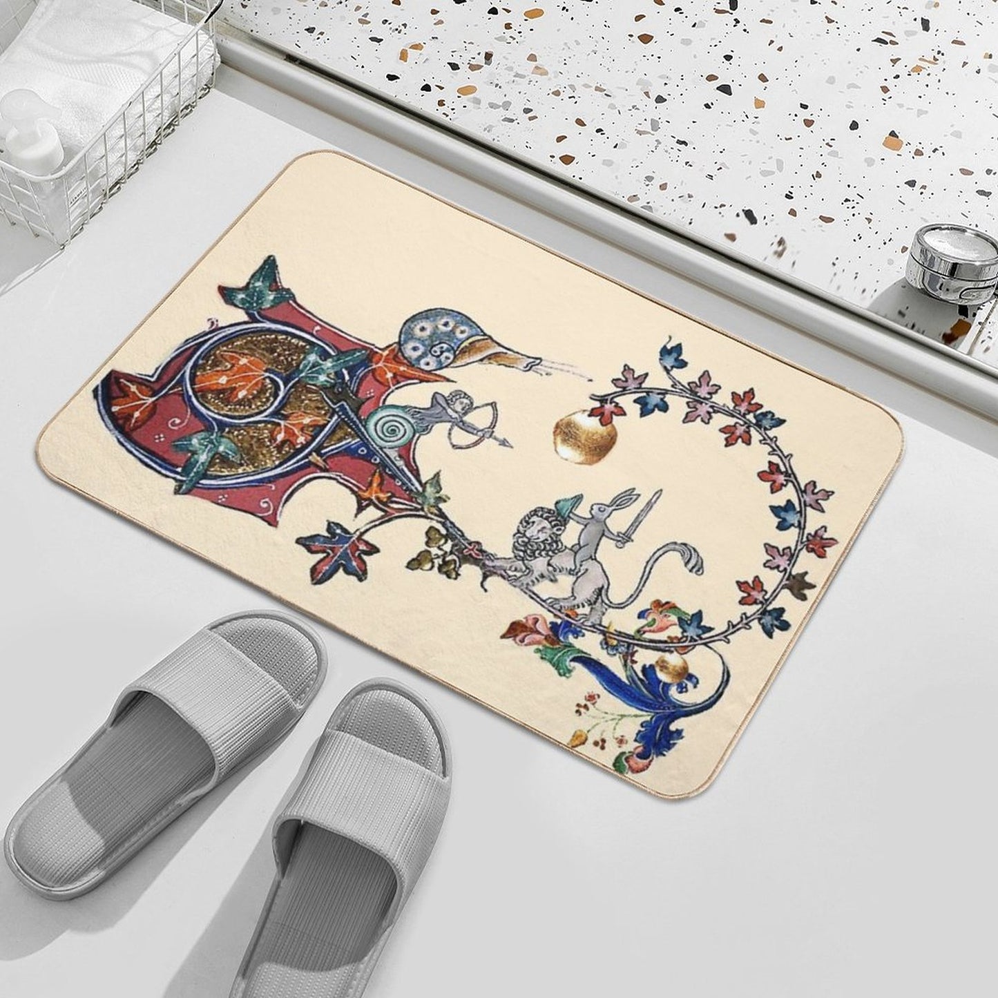 WEIRD MEDIEVAL BESTIARY WAR Between Snails And Killer Rabbit Riding Lion by Bulgan Lumini Pet-Safe Bath Mat
