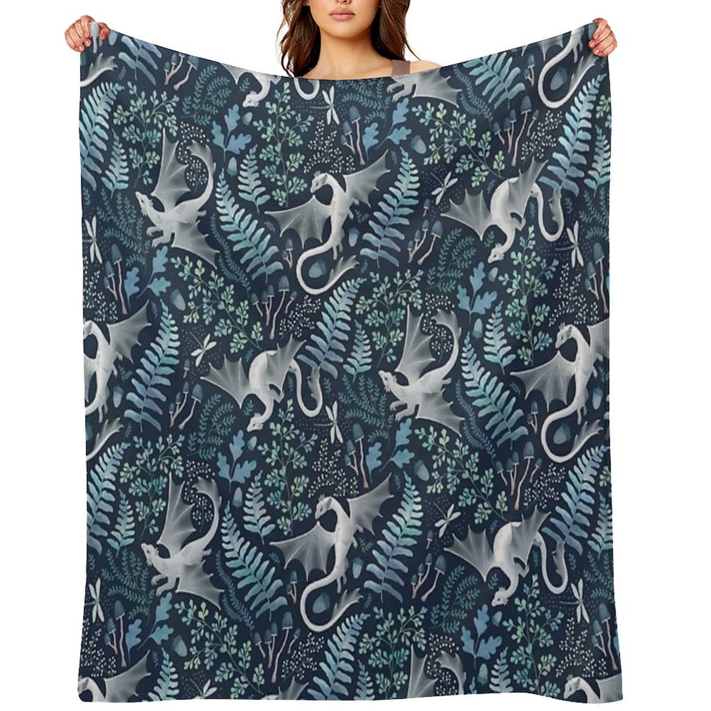 Forest Dragons in Shades of Blue And Green on Navy Blue Travel-friendly Throw Blanket