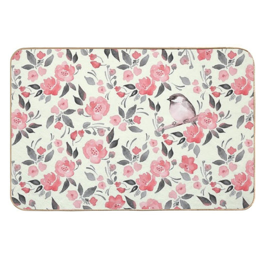 Bird And Red Flowers. Spring Watercolor Pattern  Slip-Resistant Bath Mat