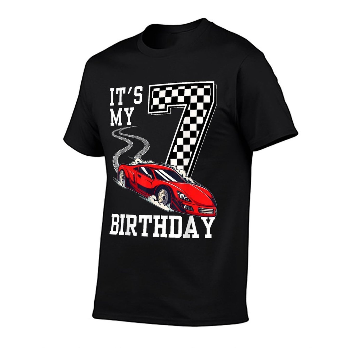 Kids It's My 7th Birthday Boys 7 Seven Racing Car Race Ribbed Collar T-Shirt