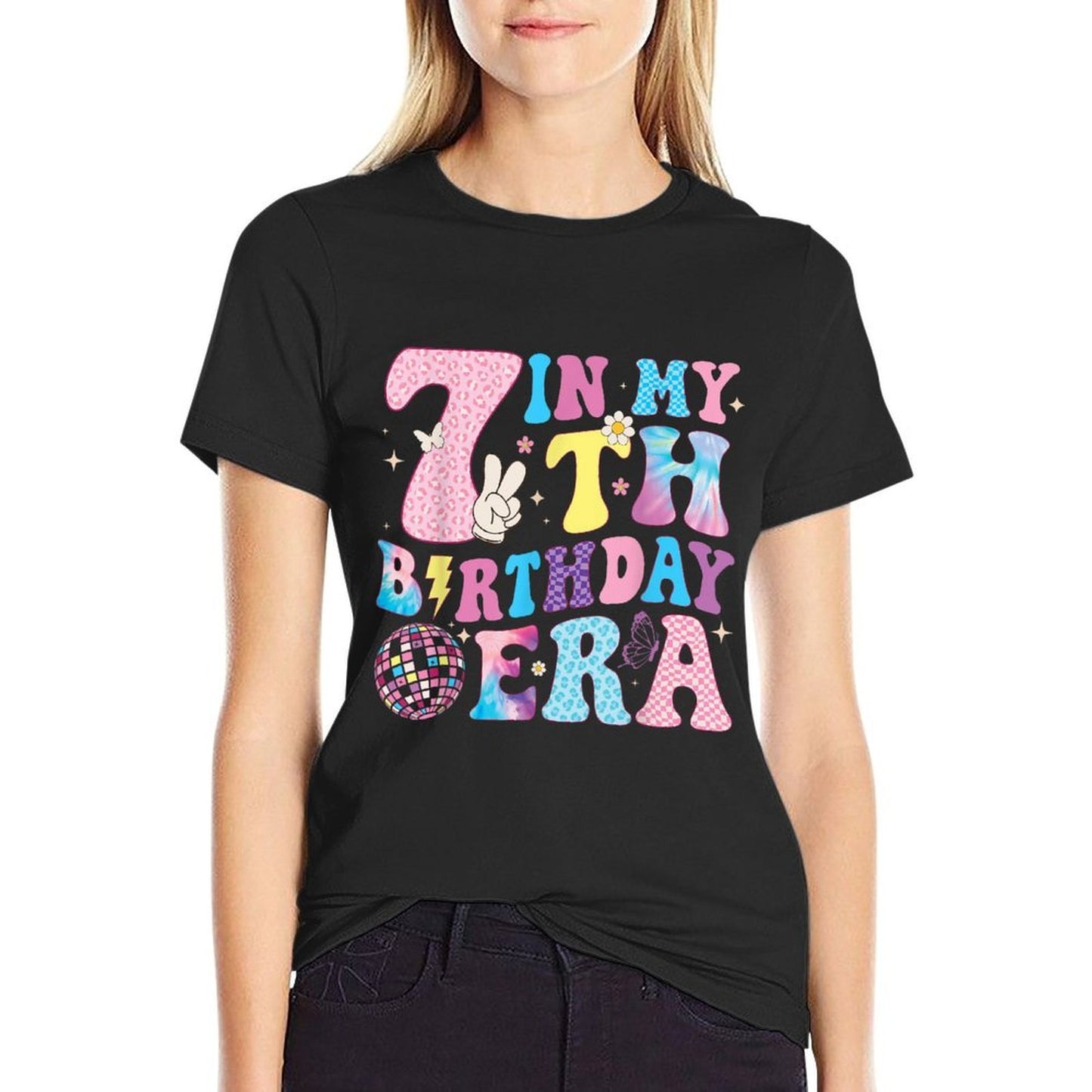 In My 7th Birthday Era Groovy Seven 7 Year Old Bday Girls Soft T-Shirt