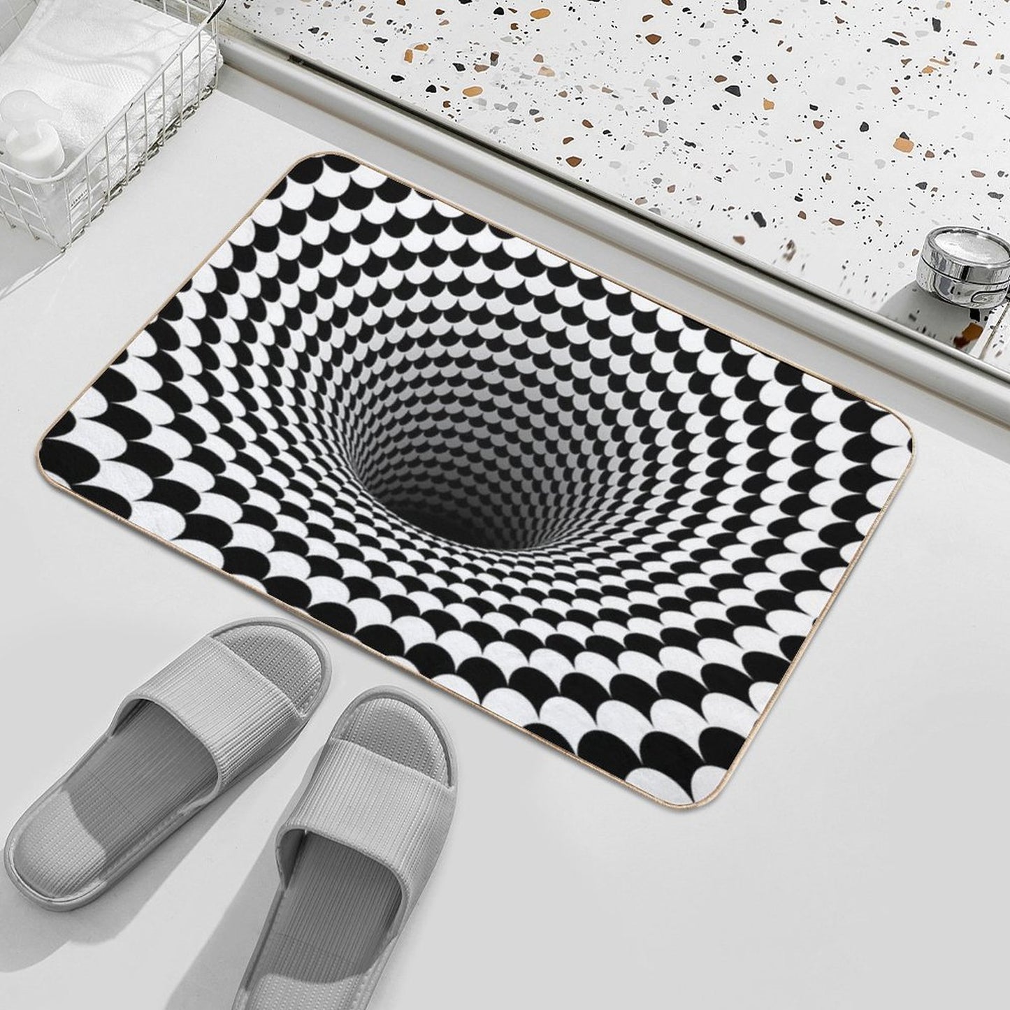 Optical Illusion Black And White Scales Houndstooth Black Hole Vortex Stain-Proof Bath Mat