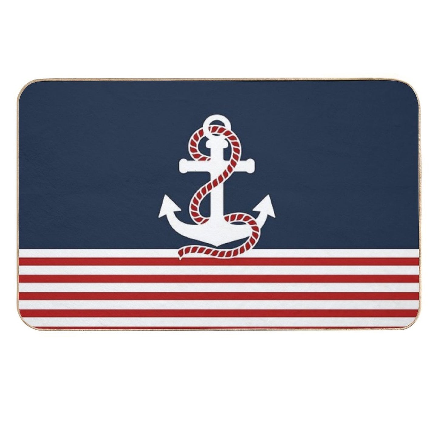 Nautical Red White Stripes And Red Anchor on Blue Background Odorless Bath Mat