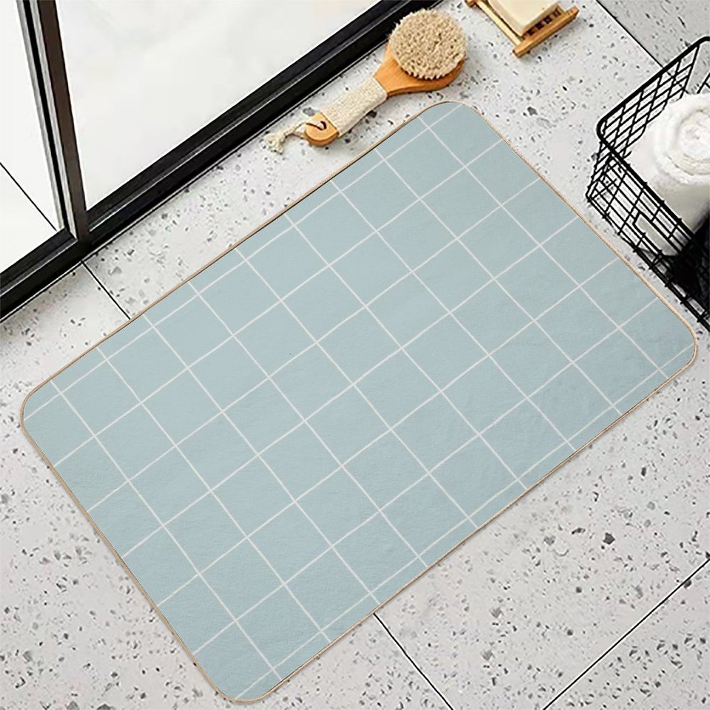 Rustic Grid Soft Aqua Absorbent Bath Mat