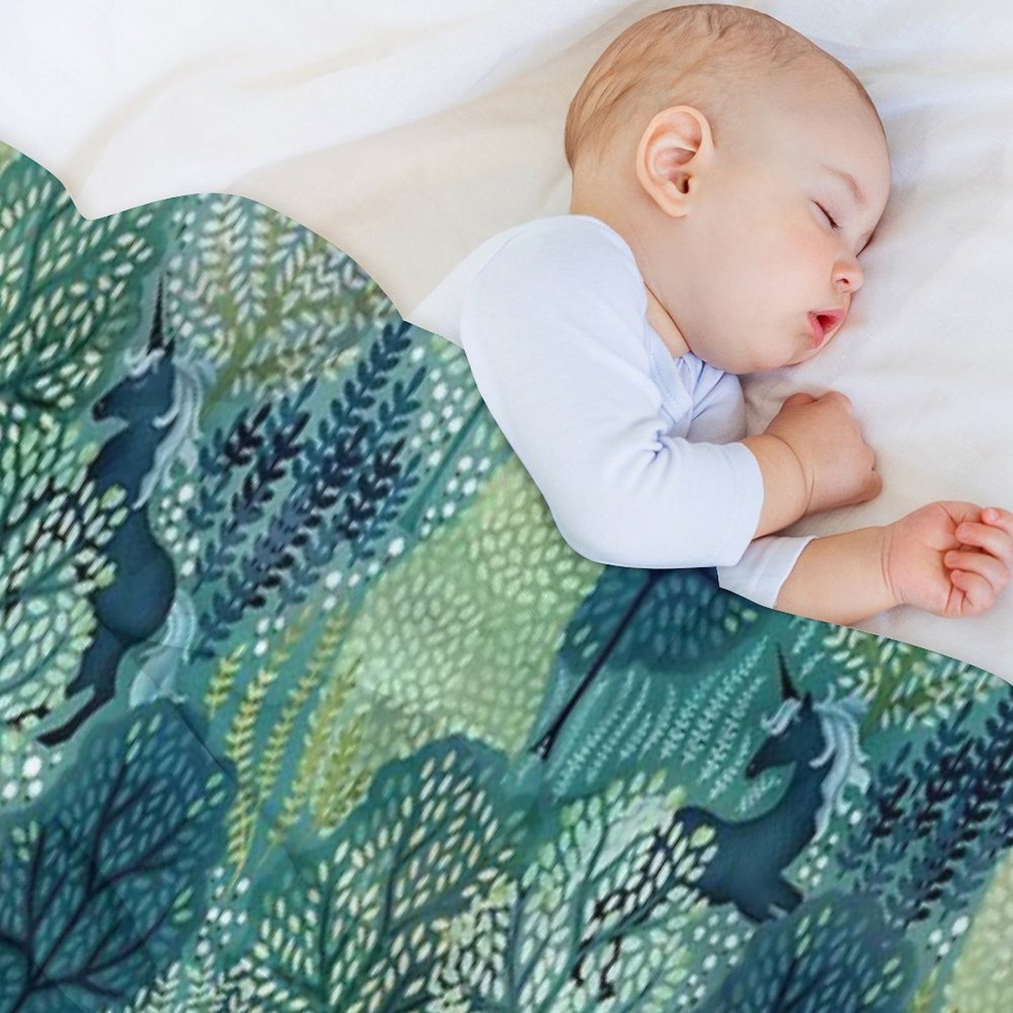 Hidden Unicorn Woods in Shades of Green Watercolor Eco-conscious Throw Blanket