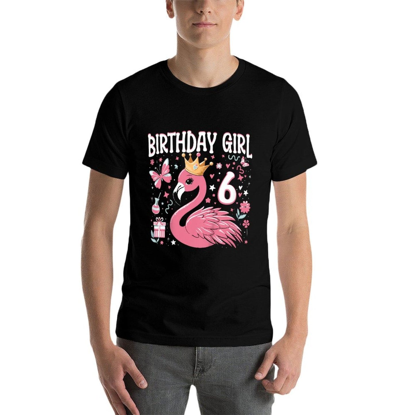 Kids 6th Birthday Gift Flamingo Fan 6 Year Old Girls 6th Bday  Cotton T-Shirt