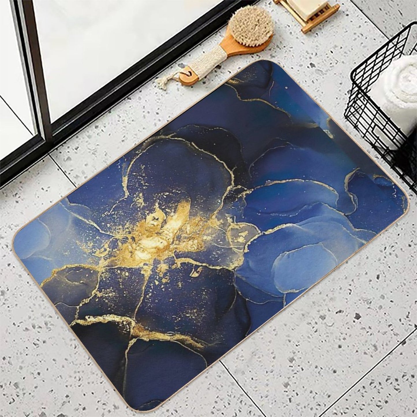 Garside Blue Abstract Marbling Easy Maintenance Bath Mat