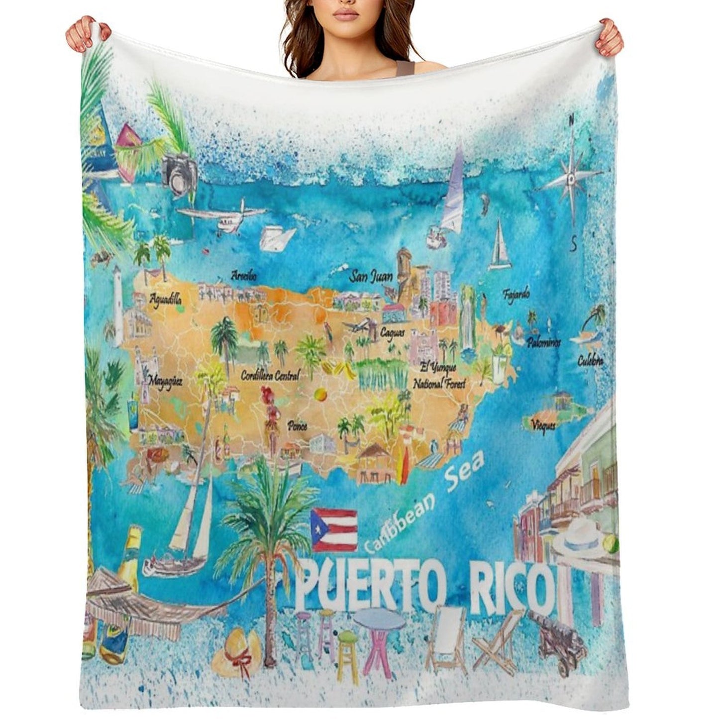 Puerto Rico Islands Illustrated Travel Map with Roads And Highlights Shrink-resistant Throw Blanket