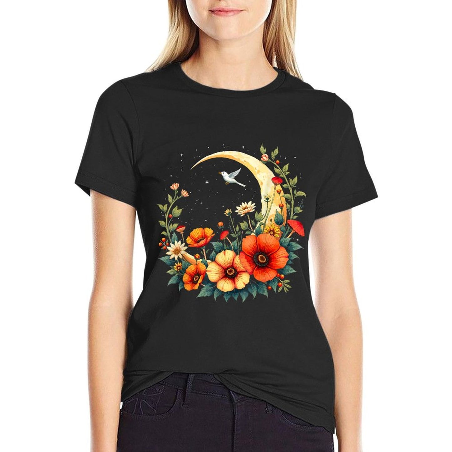 Moon Wildflower Ribbed Collar T-Shirt