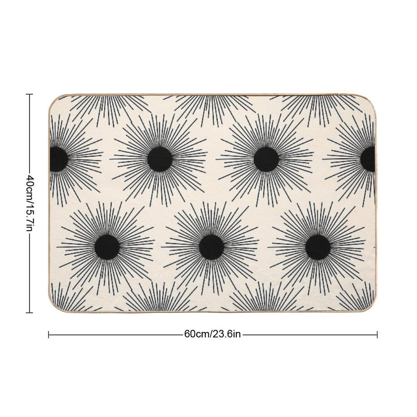 Sunburst Mid-Century Modern Sun Pattern in Black And Almond Cream Easy Maintenance Bath Mat