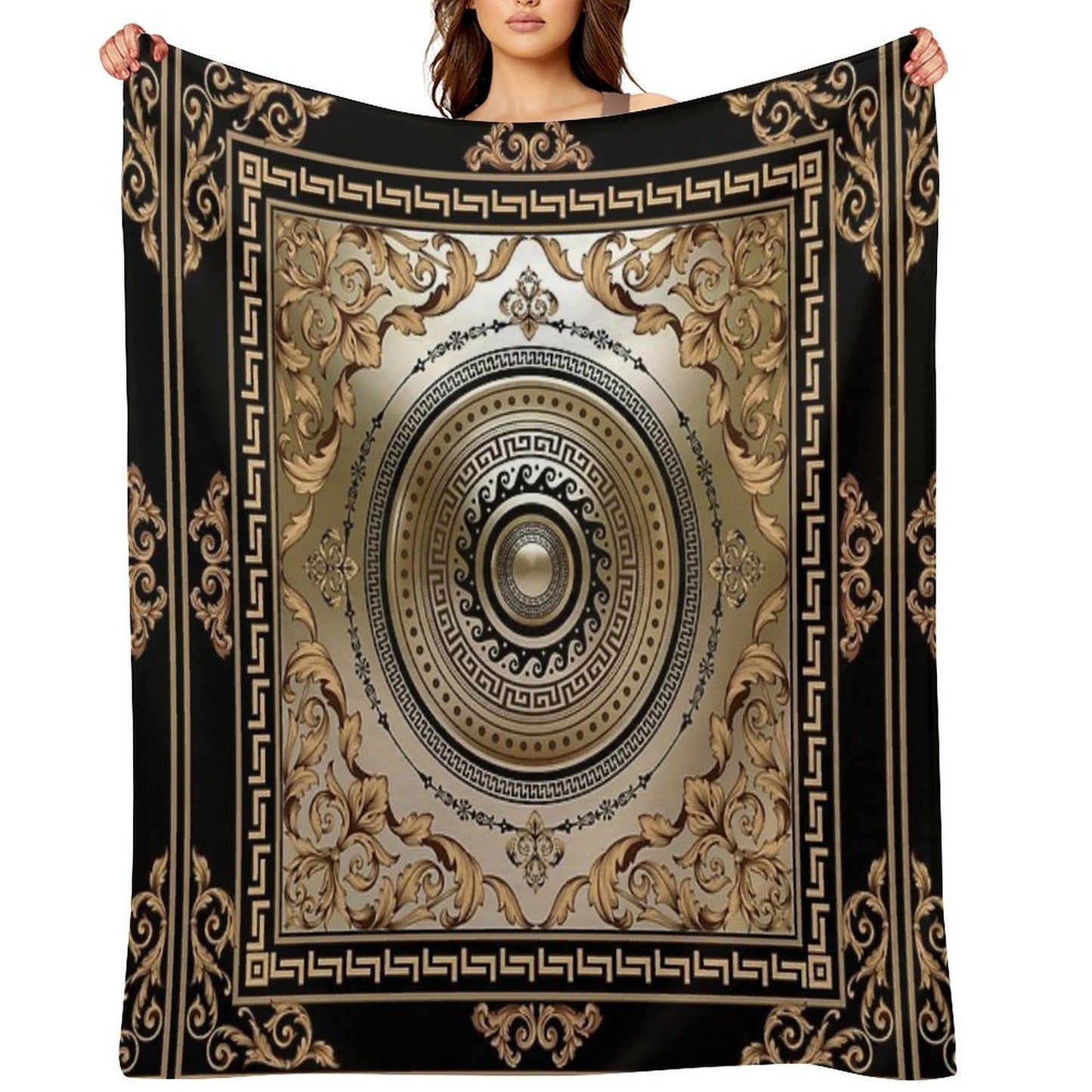 Ornate Baroque Filigree Black Bronze Greek Key Meander Durable Throw Blanket