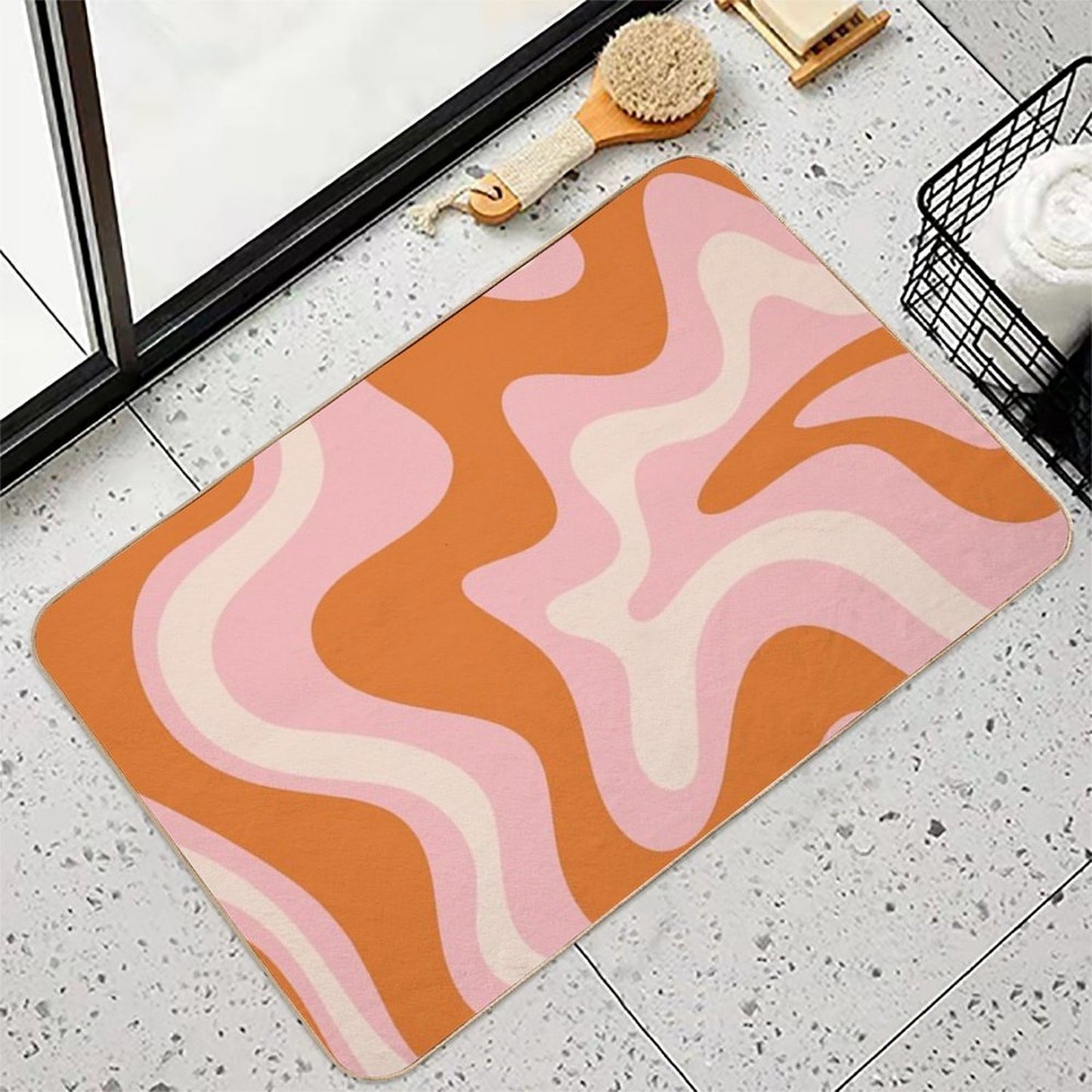 Liquid Swirl Retro Modern Abstract Pattern in Orange Pink Cream Non-Slip Bath Mat
