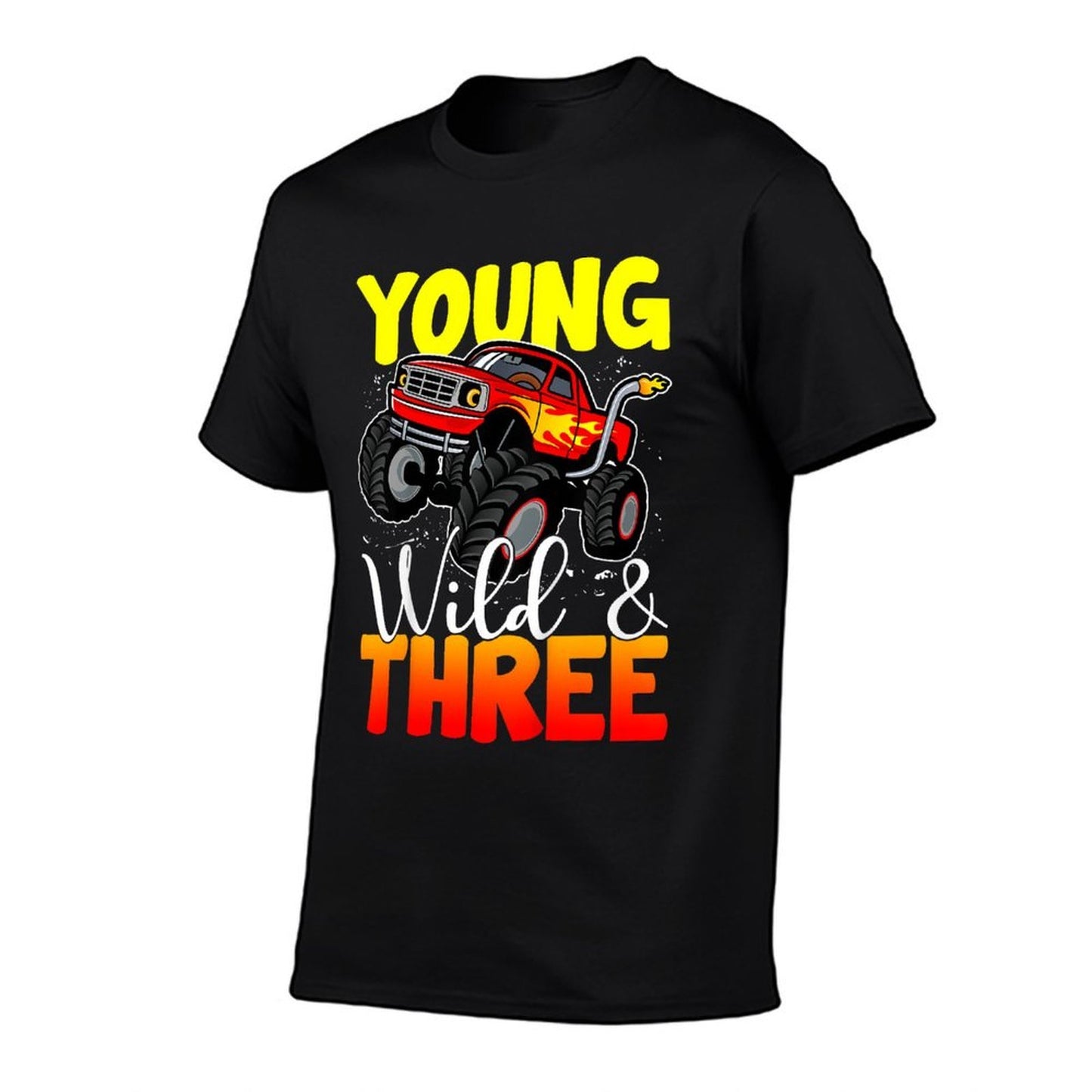 Kids Young Wild Three 3rd Birthday Boy Monster Truck 3 Years Old Ribbed Collar T-Shirt