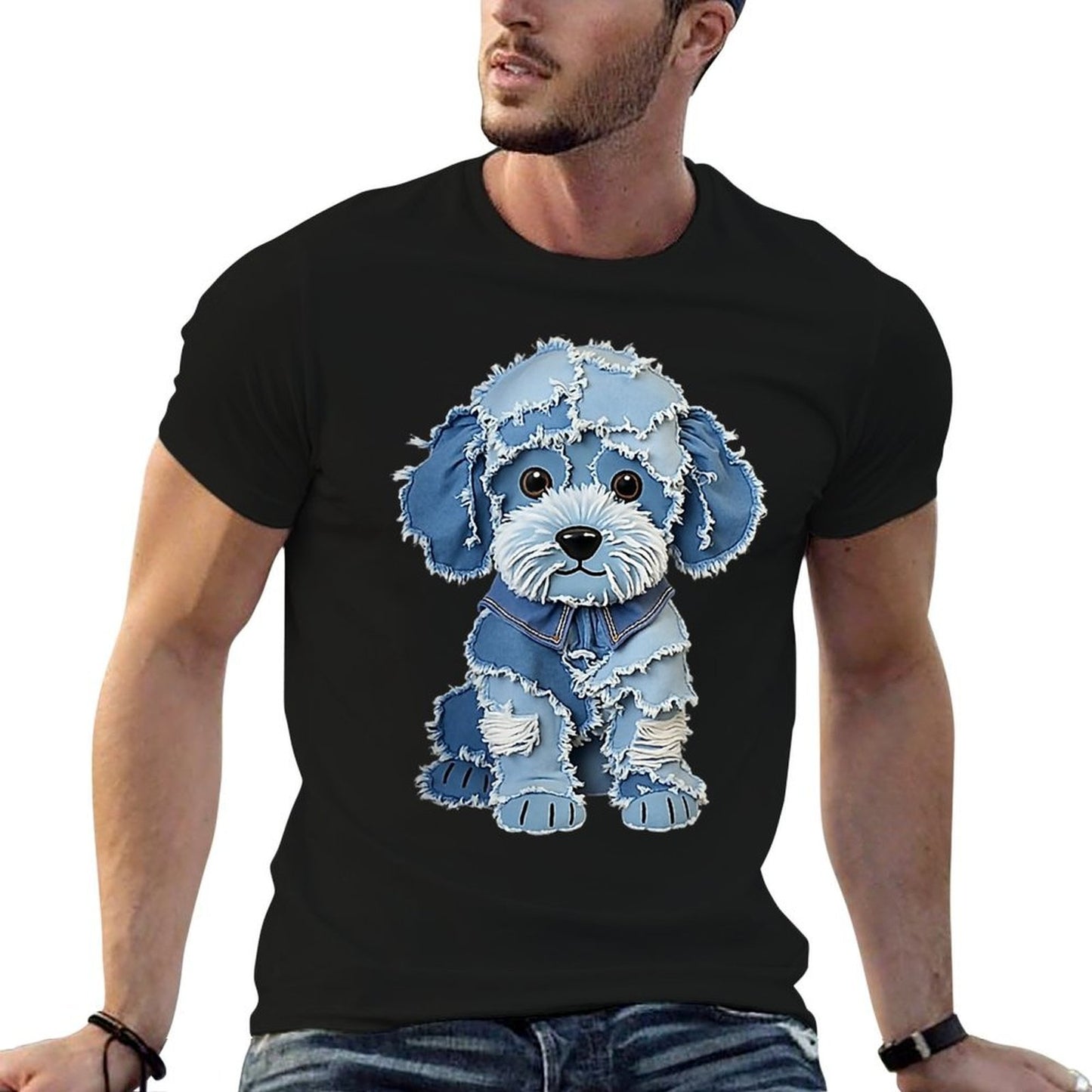 Retro Funny Denim Patch Animal Dog Print Vintage-inspired T-Shirt