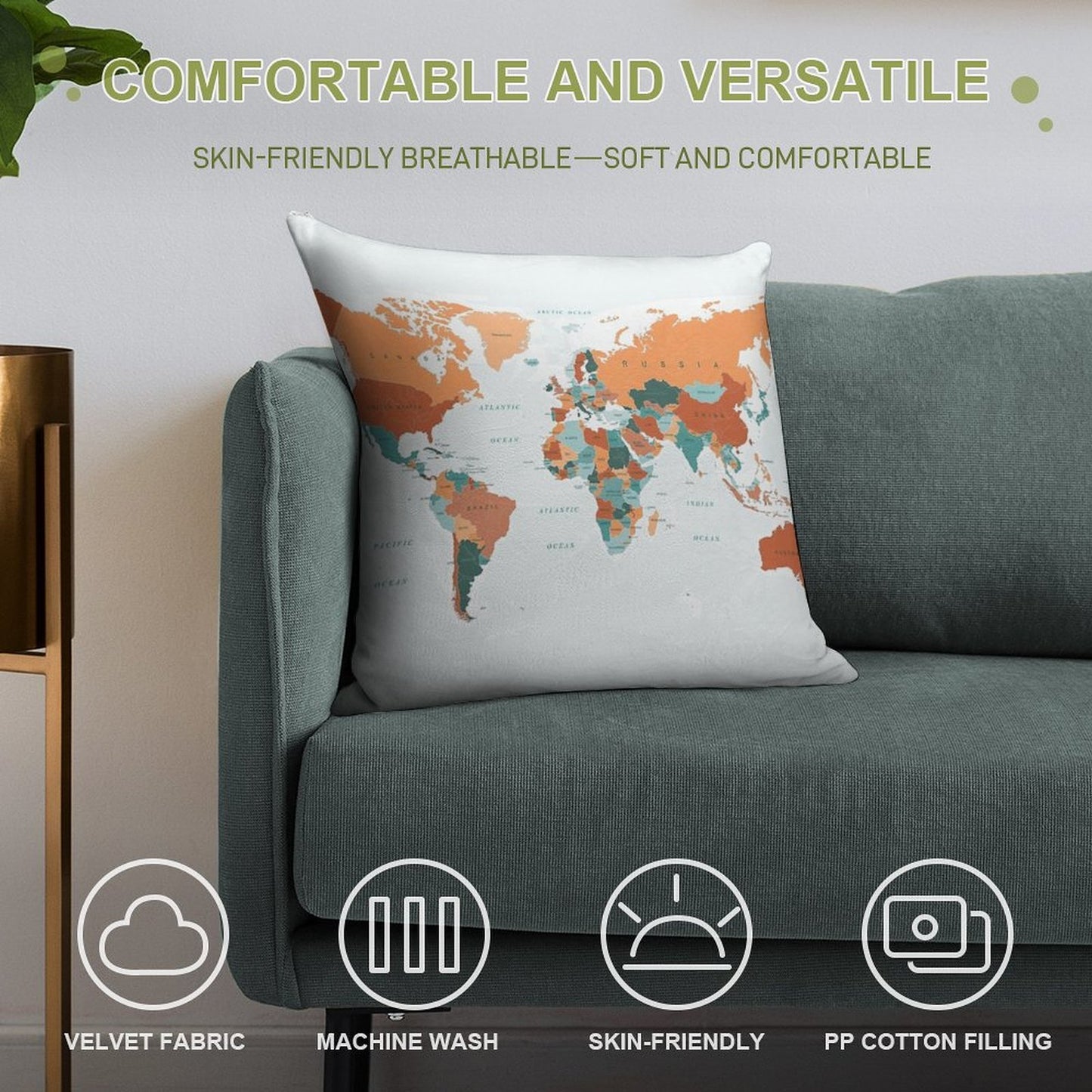 Map of The World in Burnt Orange And Teal Soft Fade-Resistant Throw Pillow