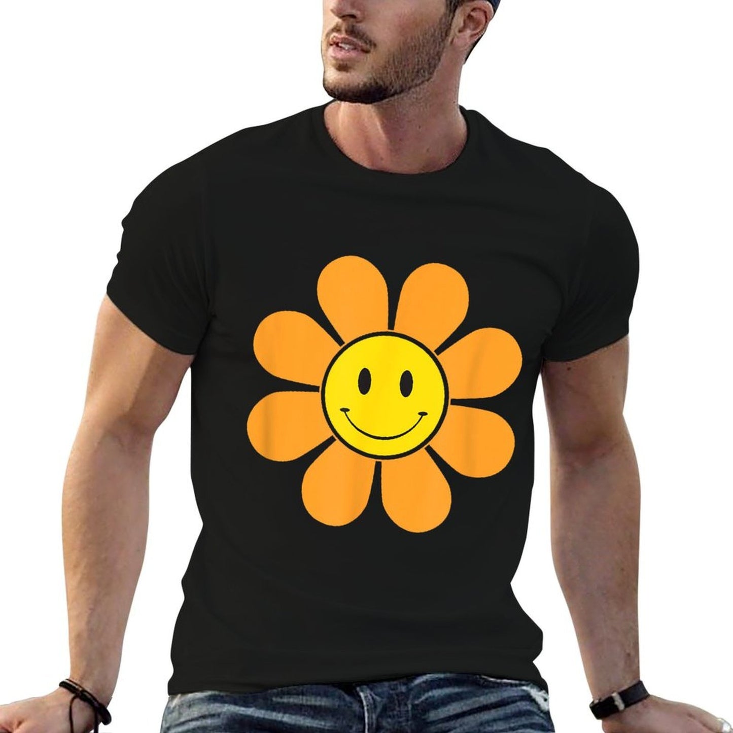 Orange 70s Retro Flower with A Yellow Smiling Face Summer Affordable Price T-Shirt