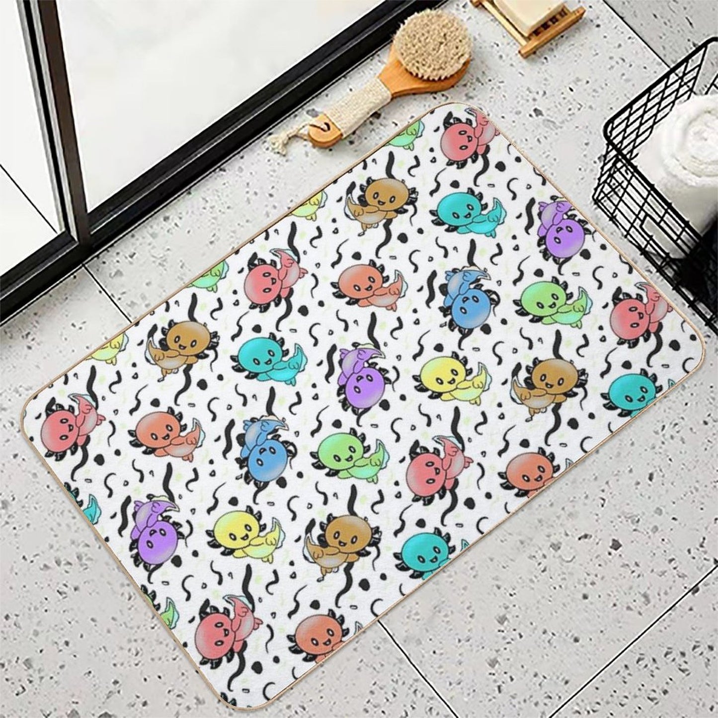Axolotl Party in Rainbow Colors on Black And White Non-Slip Bath Mat