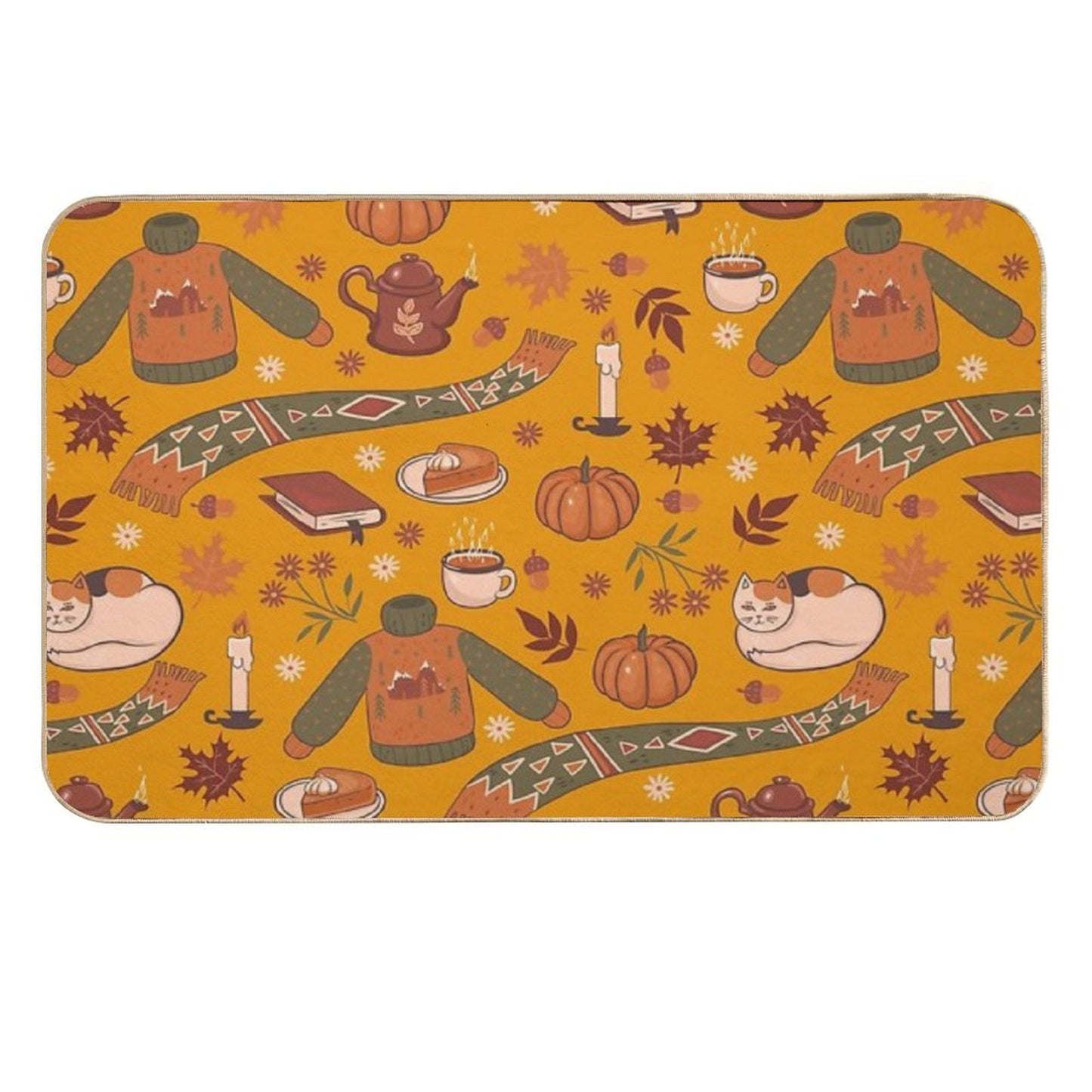 Autumn Cute Pattern on Yellow Background Fade-Resistant Bath Mat
