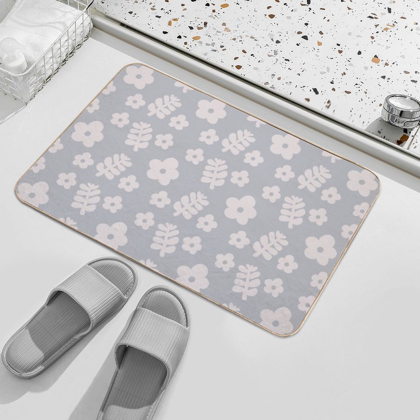 Mid Century Modern Flowers & Leaves, Cute Retro Pattern, Stone Blue Rapid-Drying Bath Mat