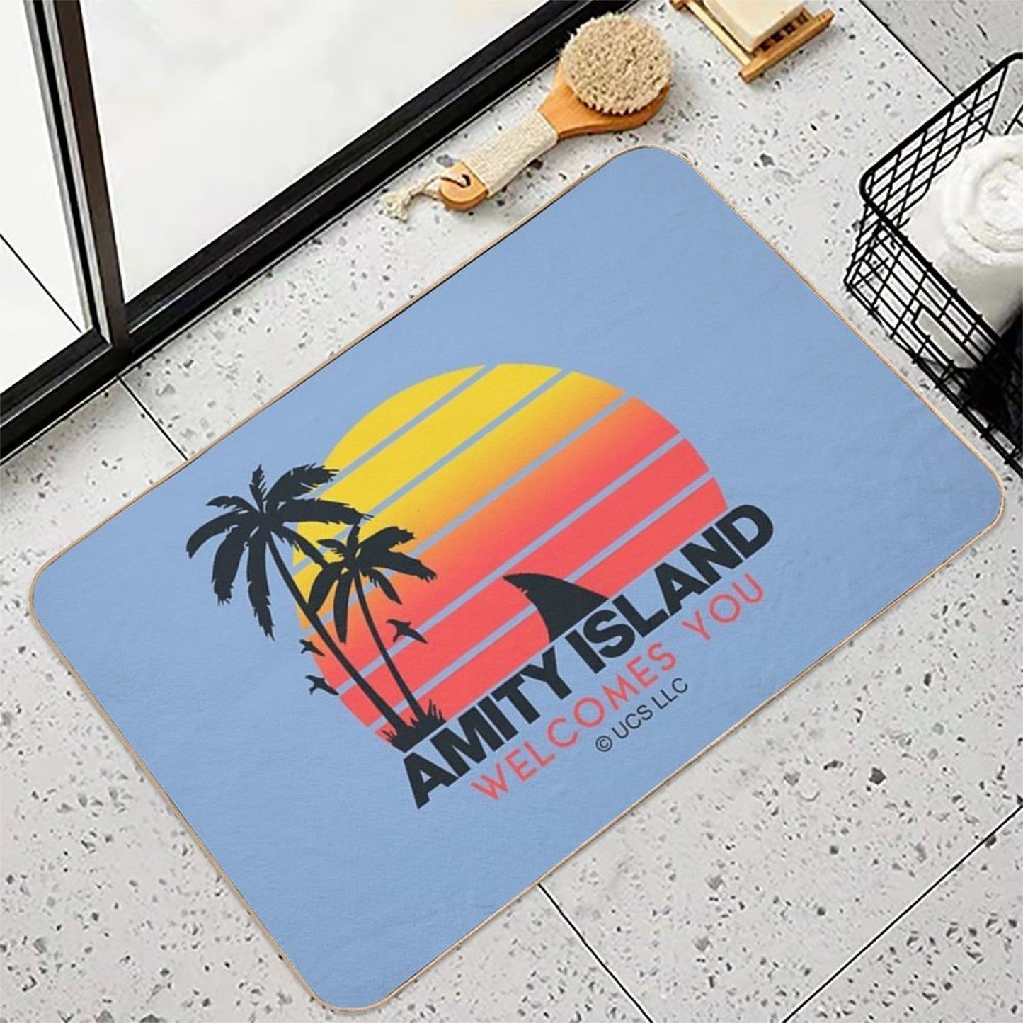 Jaws Movie Amity Island Welcomes You. Birthday Party Gifts. Officially Licensed Merch. Repositionable Bath Mat