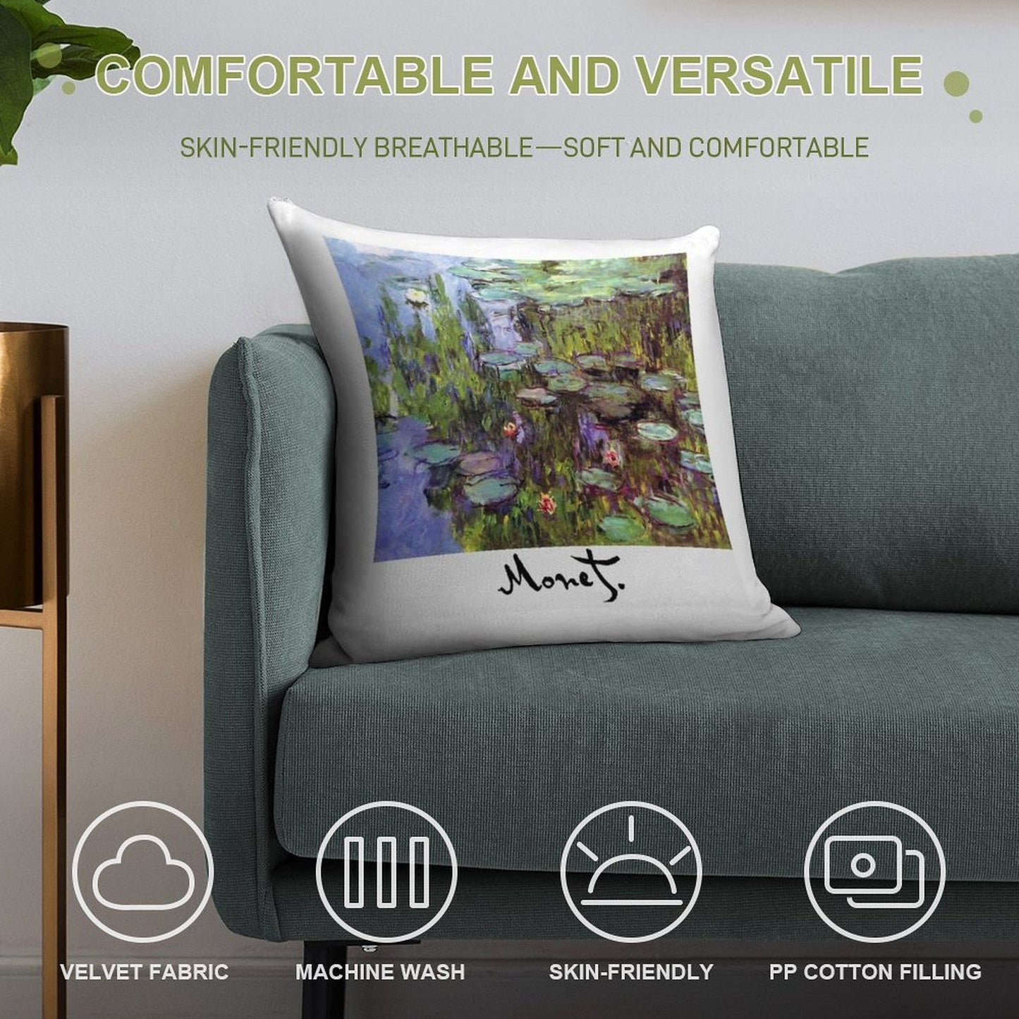 Monet - Waterlilies (Nympheas) Soft Reinforced Edging Throw Pillow